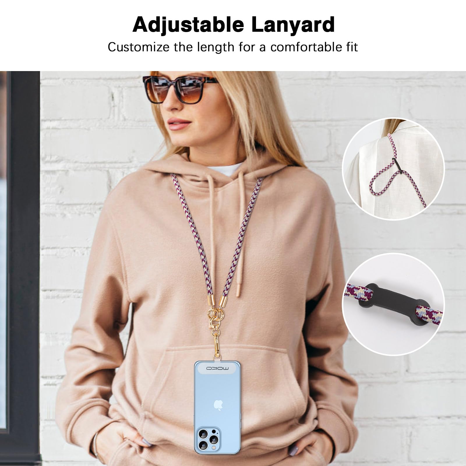 MoKo Adjustable Crossbody Phone Lanyard - 8mm Thick Premium Rope Neck & Wrist Strap for iPhone, Samsung & More | Includes Phone Neck Strap, Wrist Strap & Lanyard Patch | Perfect for Travel, Work & Outdoor Activities