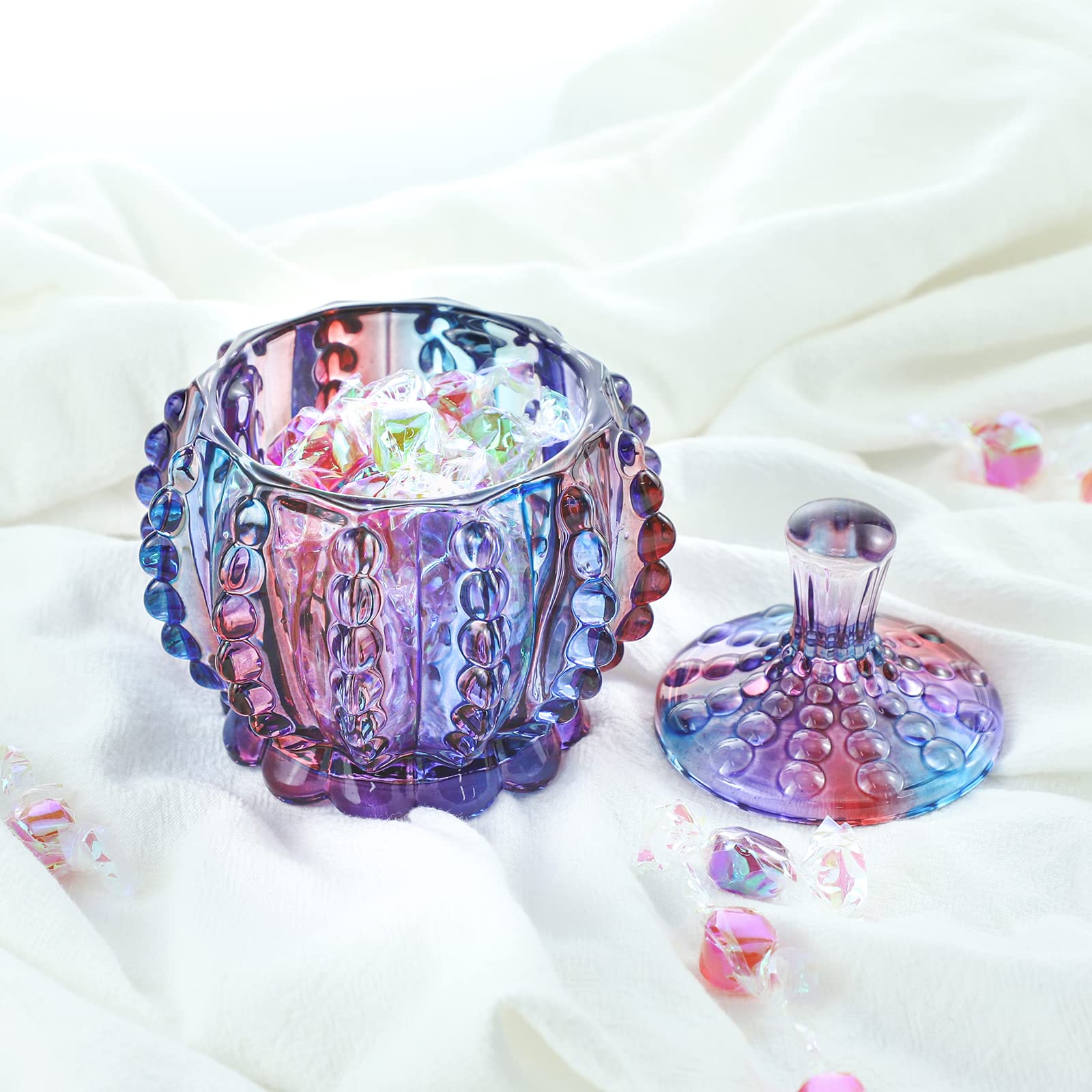 Royal Embossed Clear Glass Apothecary Jar with Lid - 7oz Candy Storage Container, Wedding Buffet Display, Jewelry Organizer & Food Jar - Elegant Purple Chain Design | Perfect for Home Decor, Party Favors & Gift Packaging