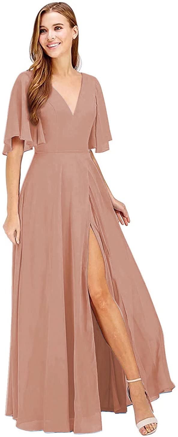 Elegant V-Neck Chiffon Bridesmaid Dresses - Long A-Line Formal Gown with Side Slit & Sleeves for Weddings, Parties & Special Occasions