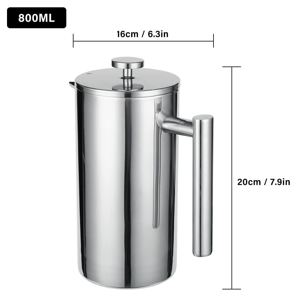 Premium French Press Coffee Maker - 304 Stainless Steel Thermal Coffee & Tea Press with 3 Filters (800ml) - Anti-Scald Handle & Rust-Proof Design - Ideal for Home, Office, Camping & Gifts