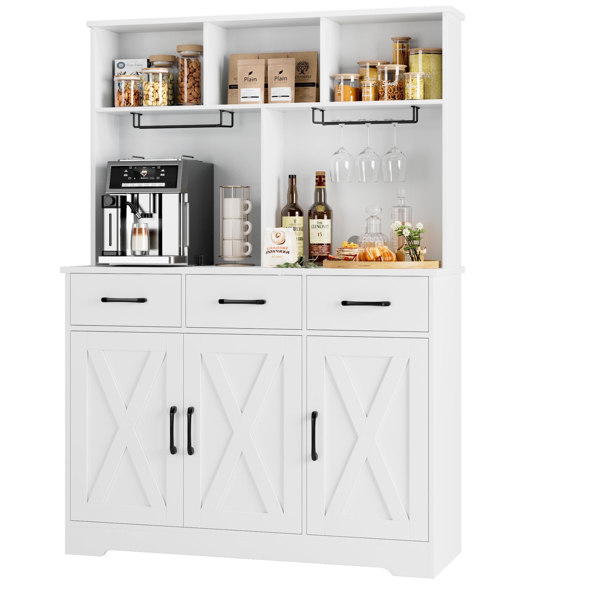 Modern Farmhouse Buffet Cabinet with Hutch - White Kitchen Sideboard Storage with 3 Drawers & Barn Door - Coffee Bar Station & Liquor Cabinet for Dining Room, Living Room - Perfect for Entertaining & Home Decor