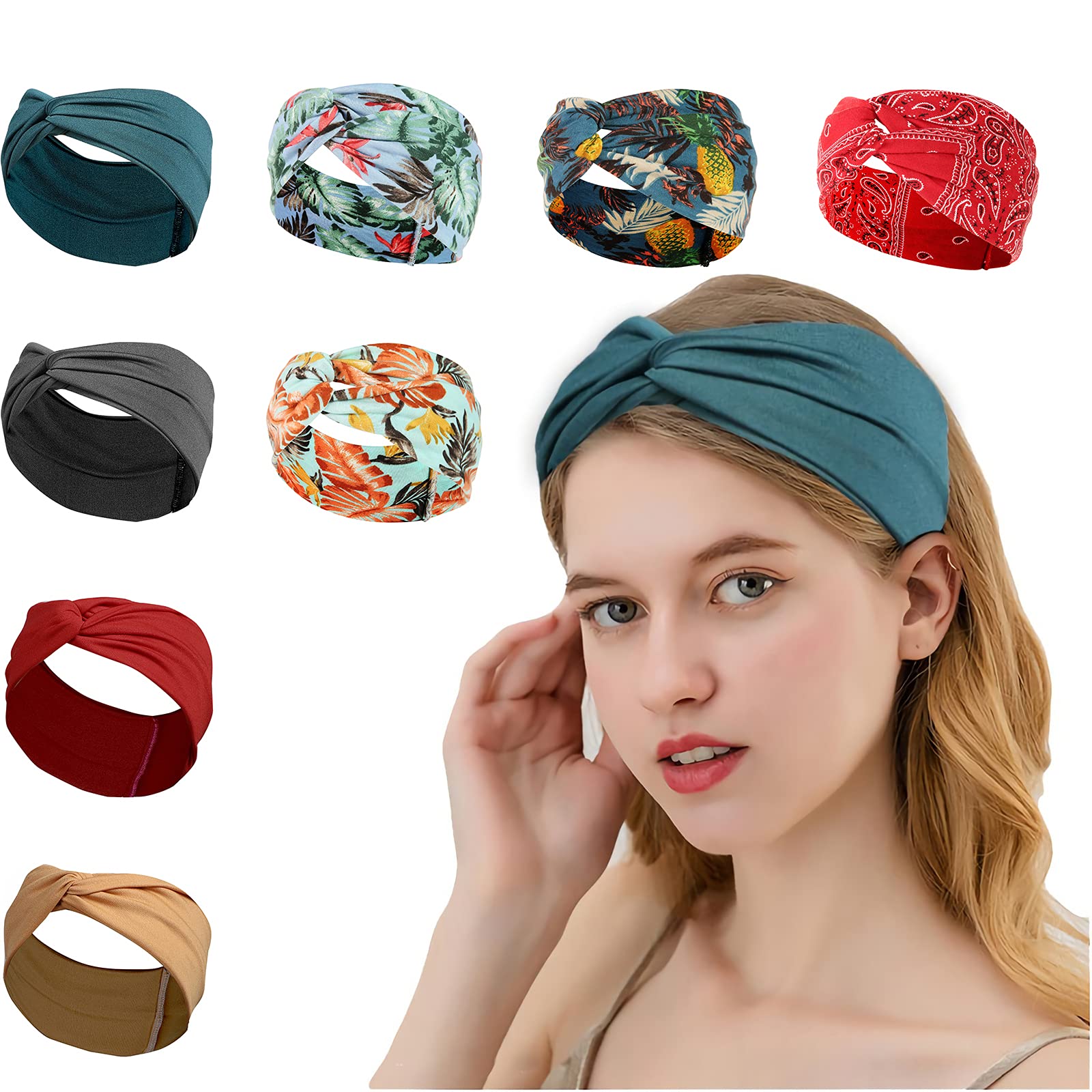 8 Pack Bohemian Style Wide Headbands for Women - Soft Elastic Non-Slip Hair Wraps & Turban Headbands - Breathable Fashion Accessories for Teen Girls - Perfect for Yoga, Workouts, and Everyday Wear