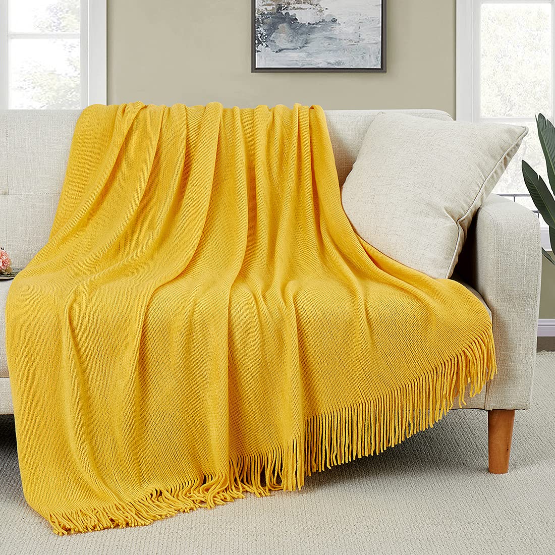 Homiest Decorative Knitted Throw Blanket with Fringe - Soft & Cozy Tassel Blanket for Couch, Sofa, Bed - Mustard Yellow, 50x60 Inches - Perfect for Living Room, Bedroom & Winter Snuggling