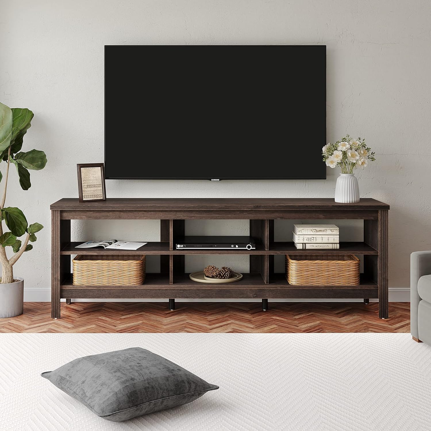 WAMPAT 70-75 Inch TV Stand Entertainment Center - Espresso Wood TV Console Table with 6 Storage Shelves for Living Room & Bedroom - Perfect for Home Theater Setup & Media Organization