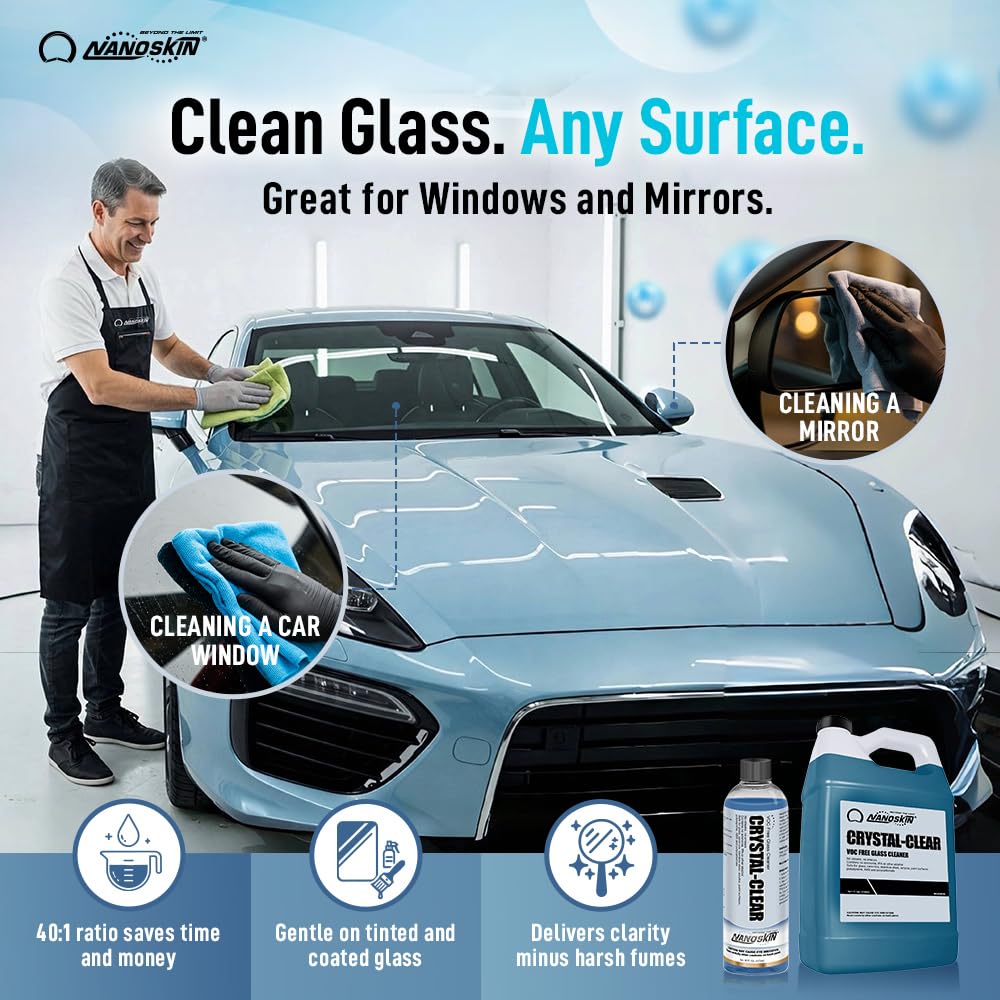 Nanoskin CRYSTAL-CLEAR VOC-Free Glass Cleaner 5 Gallon - Ultra-Concentrated Eco-Friendly Streak-Free Formula | 40:1 Dilution for Auto Home Garage Windows Mirrors | Safe for Cars Trucks Boats RV Solar Panels & Household Glass Surfaces