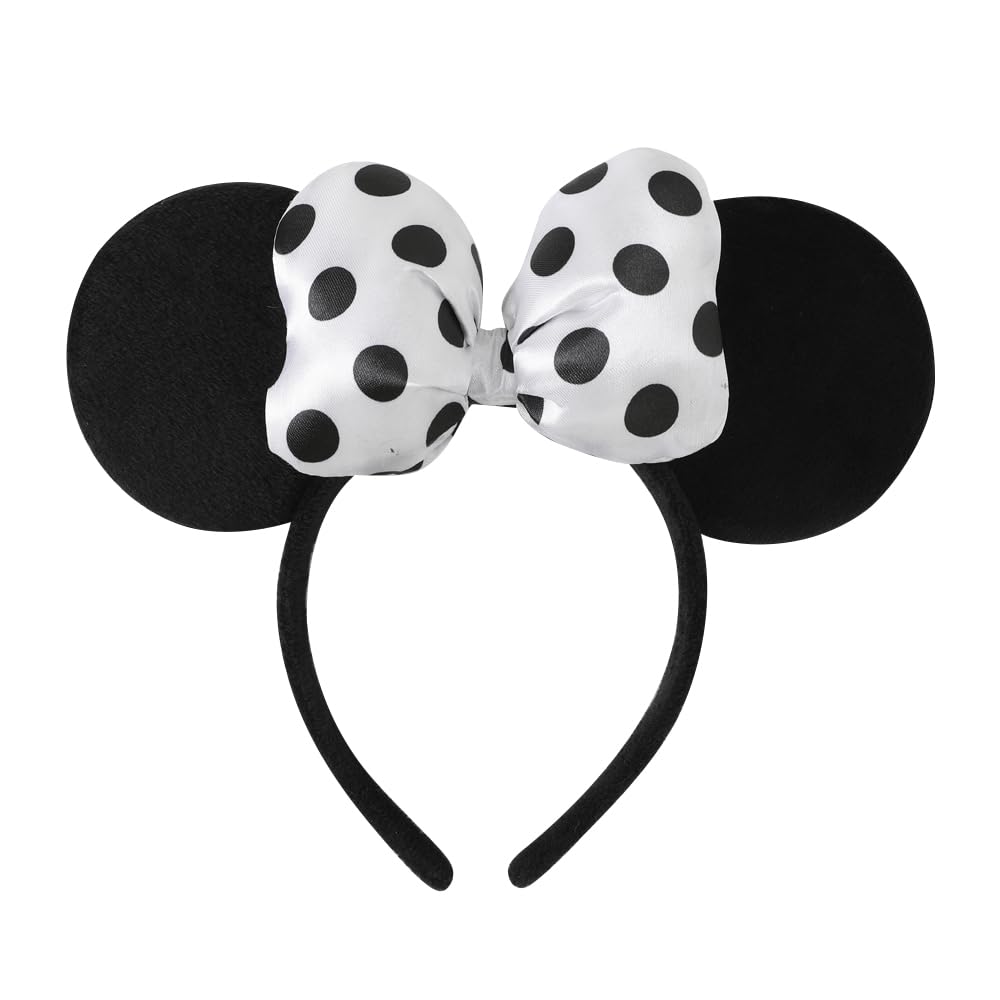 3D Polka Dot Velvet Mouse Ear Hair Bow Headband for Women & Girls - Amusement Park Photography Accessory - Fashionable Satin White Headwear for Disney Trips, Birthday Parties & Cosplay Events