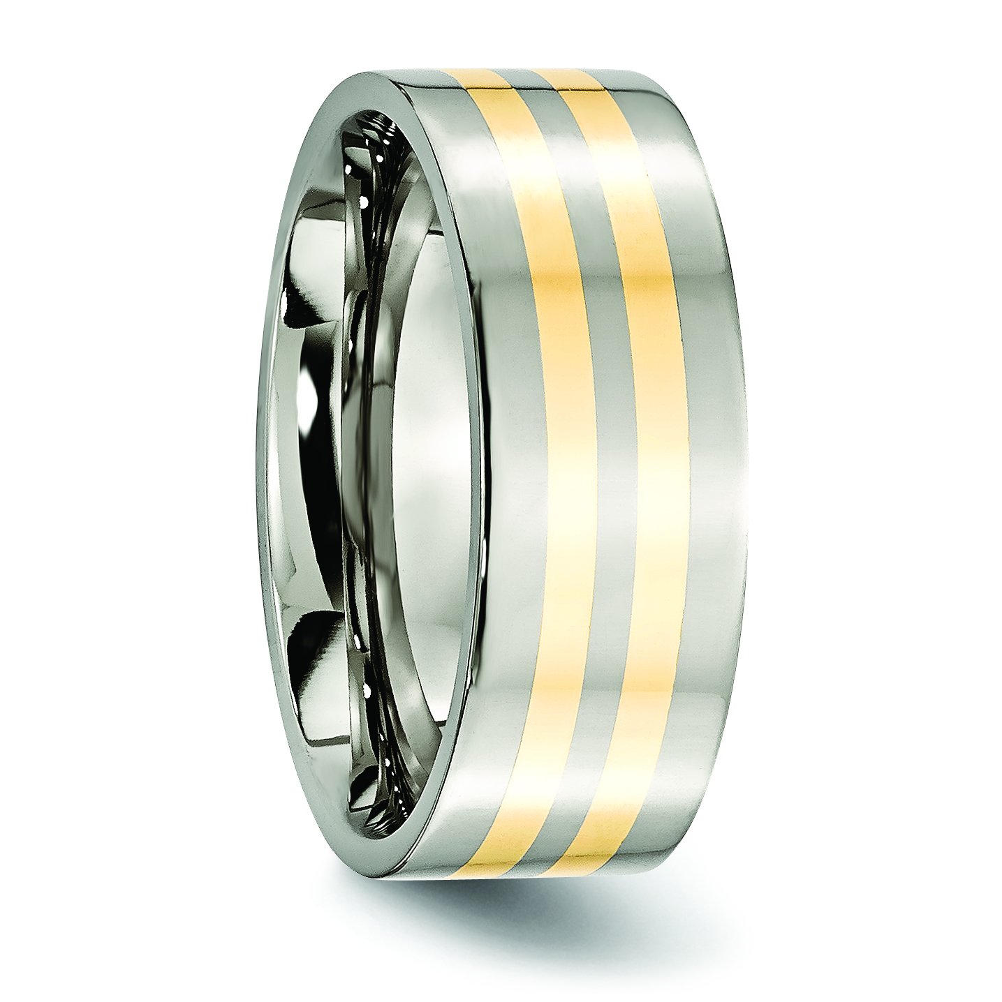 8mm Polished Titanium Men's Wedding Band Ring with 14k Yellow Gold Inlay - Flat Edge Design for Comfort Fit & Everyday Wear