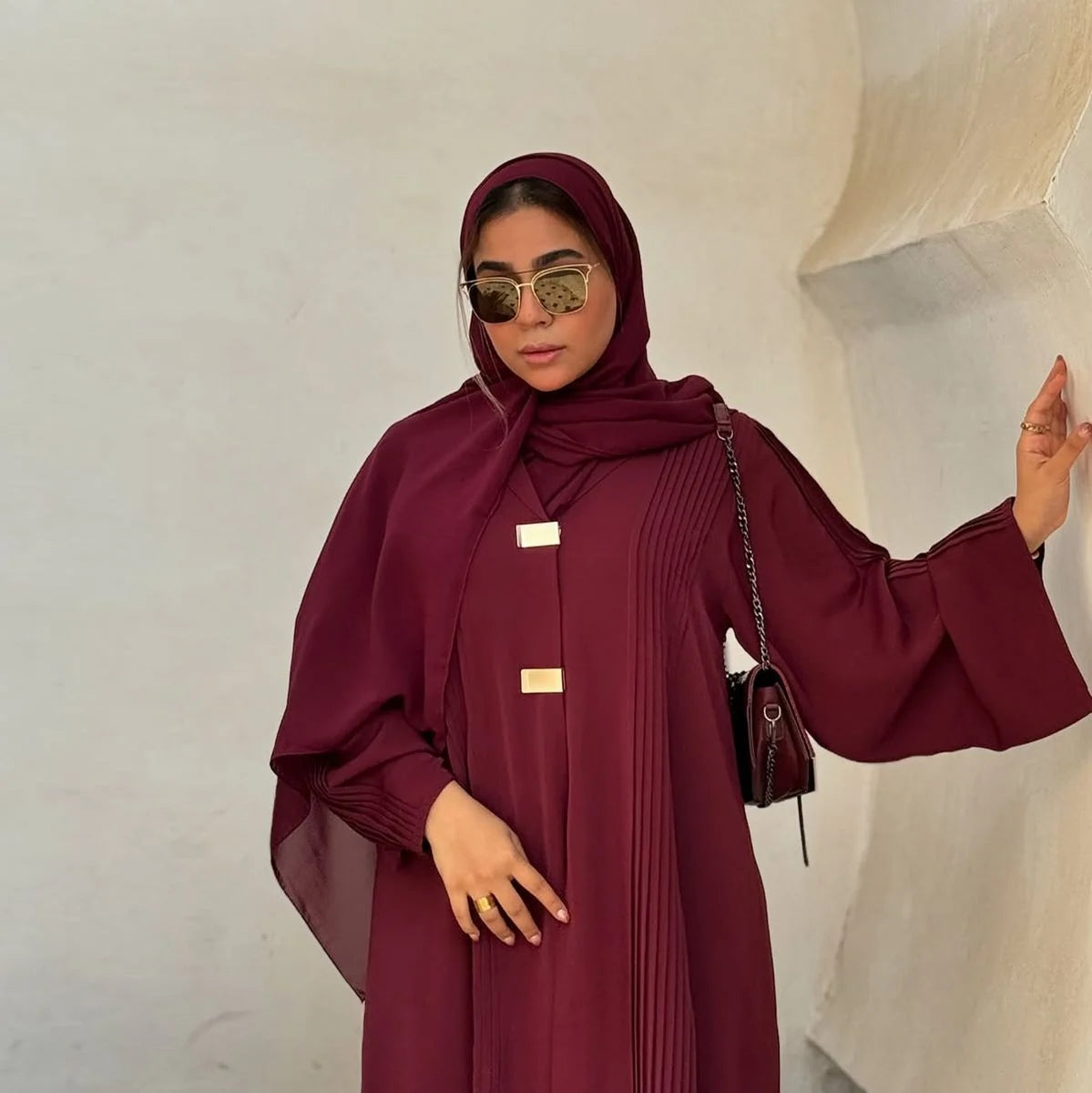 Elegant Pleated Arab Dubai Open Abaya Dress #25189 - Modest Muslim Fashion for Women, Perfect for Prayer, Weddings & Special Occasions