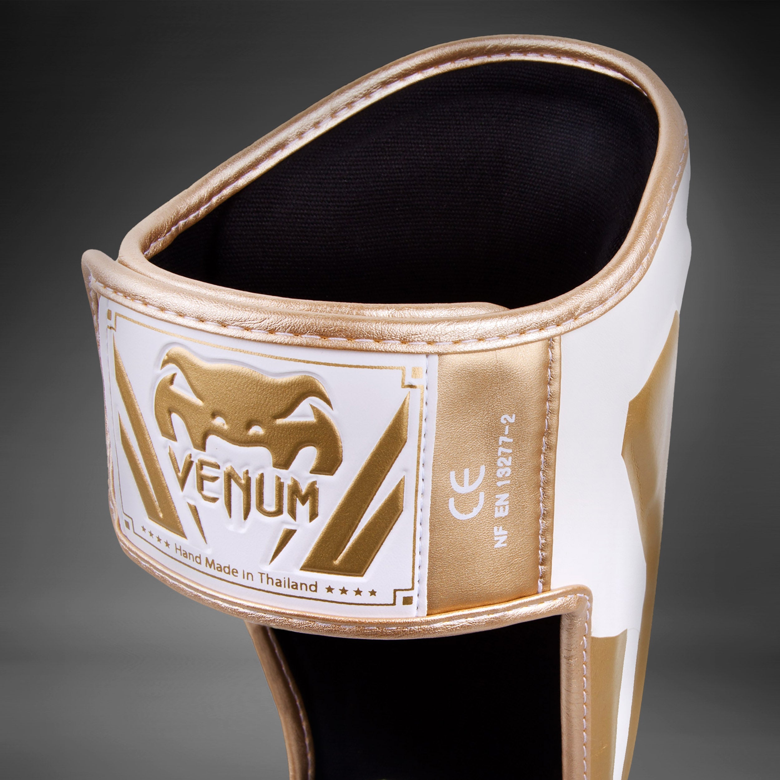 Venum Elite Standup Shin Guards - White & Gold MMA Kickboxing Protective Gear for Training & Competition