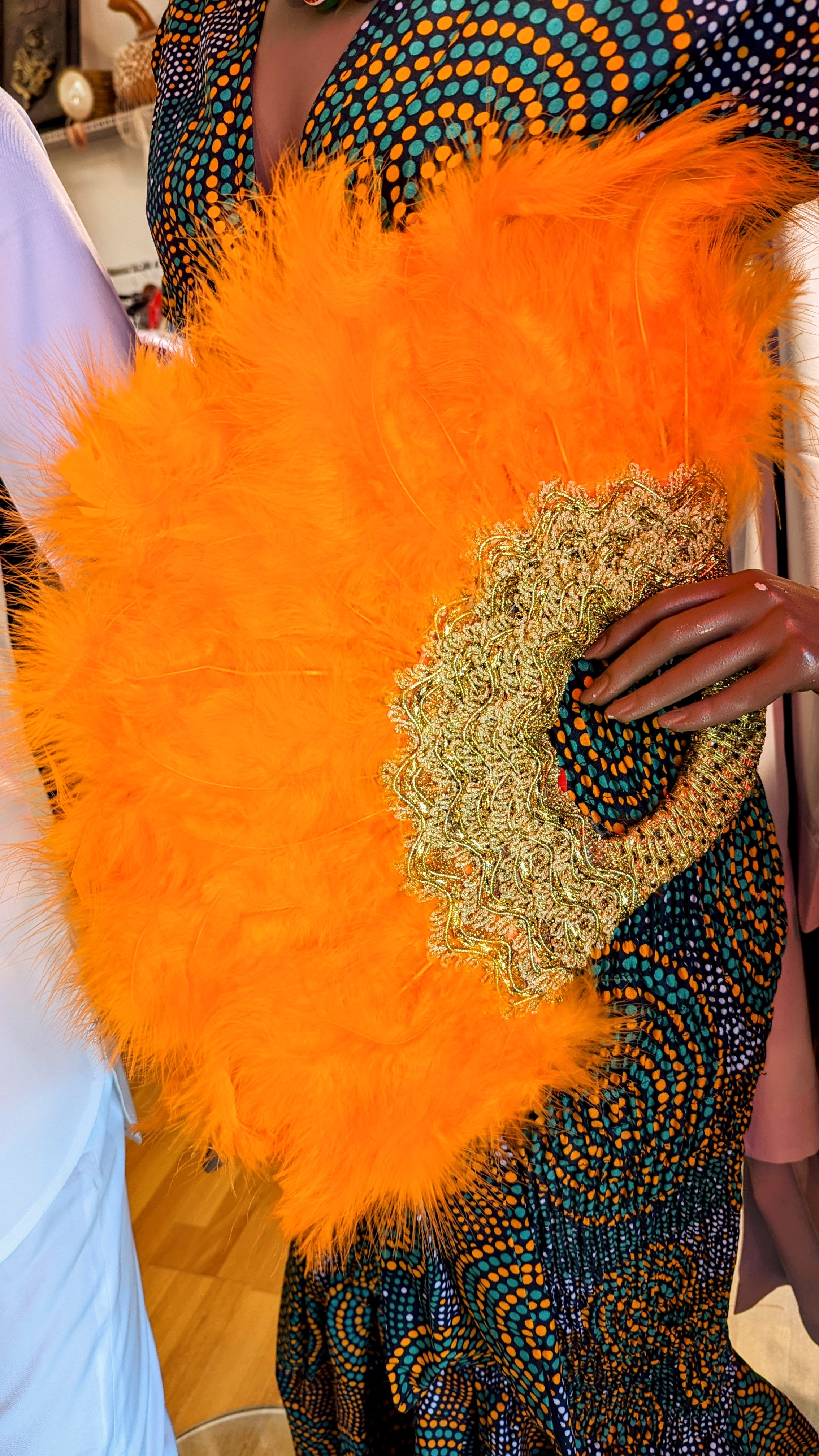 Authentic Nigerian African Wedding Feather Fan - Handmade Orange Feathers for Bridal Accessories, Cultural Celebrations & Traditional Ceremonies | Dupisie's AurumAire DPFFOG2
