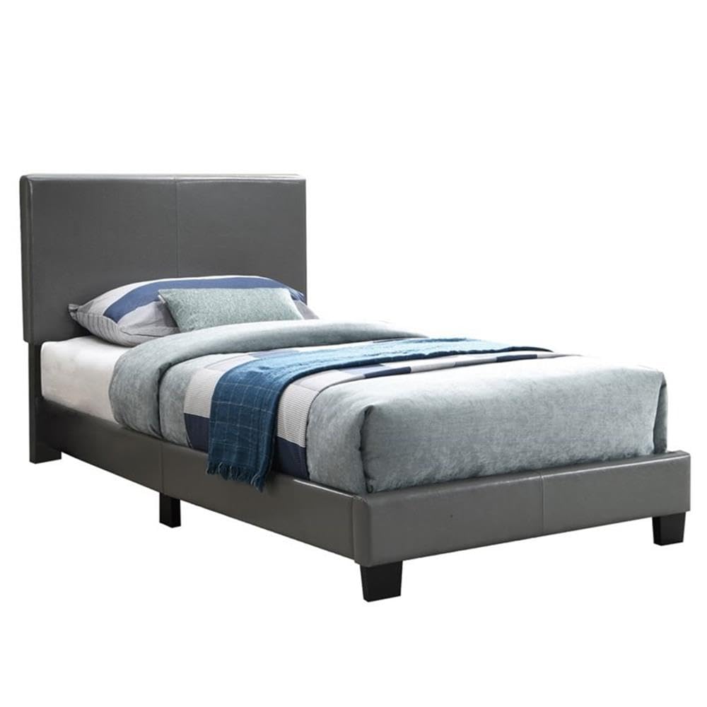 Pemberly Row Twin Size Faux Leather Upholstered Bed Frame with 12-Slat Support System in Gray - Perfect for Modern Bedrooms, Guest Rooms & Small Spaces