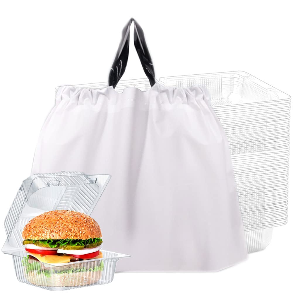 50Pcs Reusable Plastic Bags with Handles - Sturdy Drawstring Lunch Bags for Takeout, Delivery, Grocery & Small Business | Eco-Friendly Food Storage & Shopping Bags | Perfect for Restaurants, Picnics & Office Lunches (White)