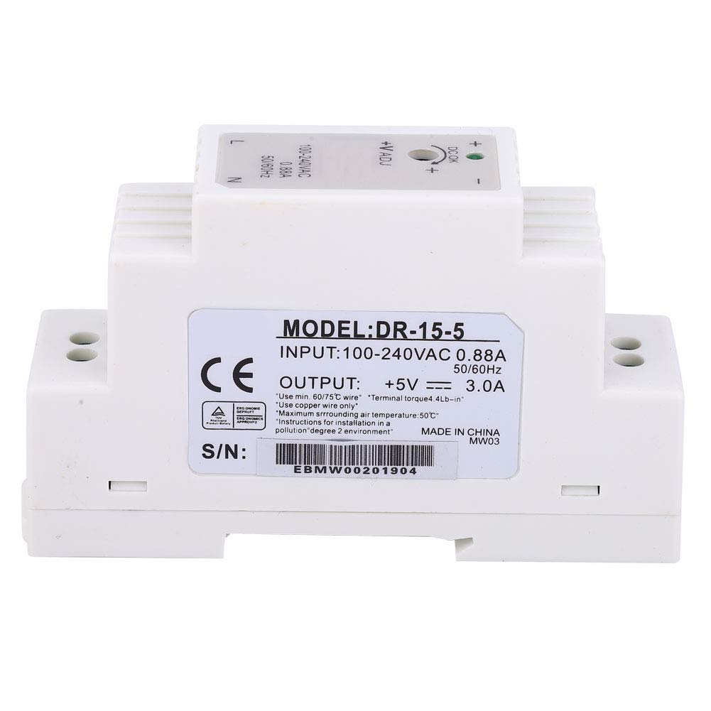 DIN Rail Power Supply 15W 5V 3A, AC/DC 100-240V Input, Single Phase Output Switching Power Supply for Industrial Control Cabinet Equipment - Perfect for Automation Systems, PLCs, and Electrical Enclosures