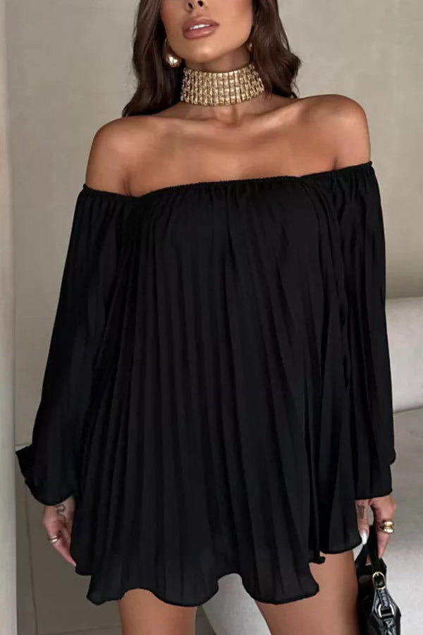 Off Shoulder Pleated Loose Top with Elastic Waist Shorts Set - Women's Summer Casual Outfit for Beach, Vacation & Date Night