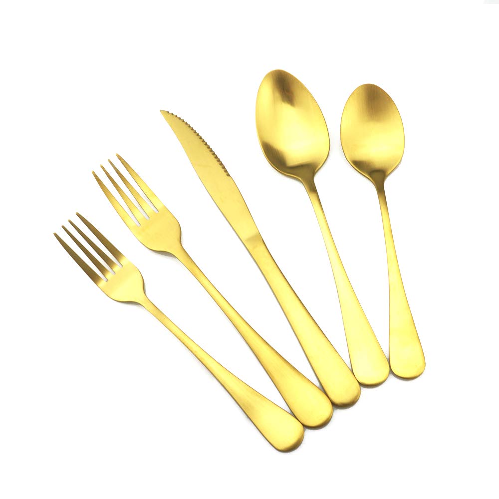 Premium Reusable Gold Utensil Set with Travel Case - Stainless Steel Camping Cutlery (Knife, Fork, Spoon, Straw & Chopsticks) - Matte Finish Flatware for Office Lunch, Hiking, School & Outdoor Dining