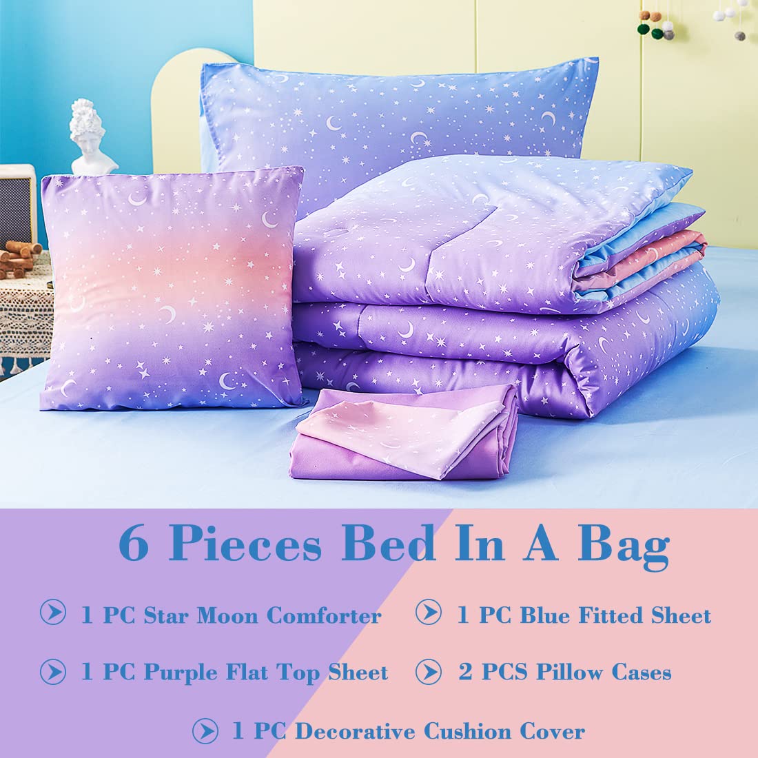 URBONUR 6-Piece Queen Size Girls' Bedding Set - Gradient Purple & Orange Glitter Moon Star Printed Comforter, Soft Breathable All-Season Bed in a Bag | Perfect for Teen Bedrooms, Sleepovers & Cozy Nights (Star Design)