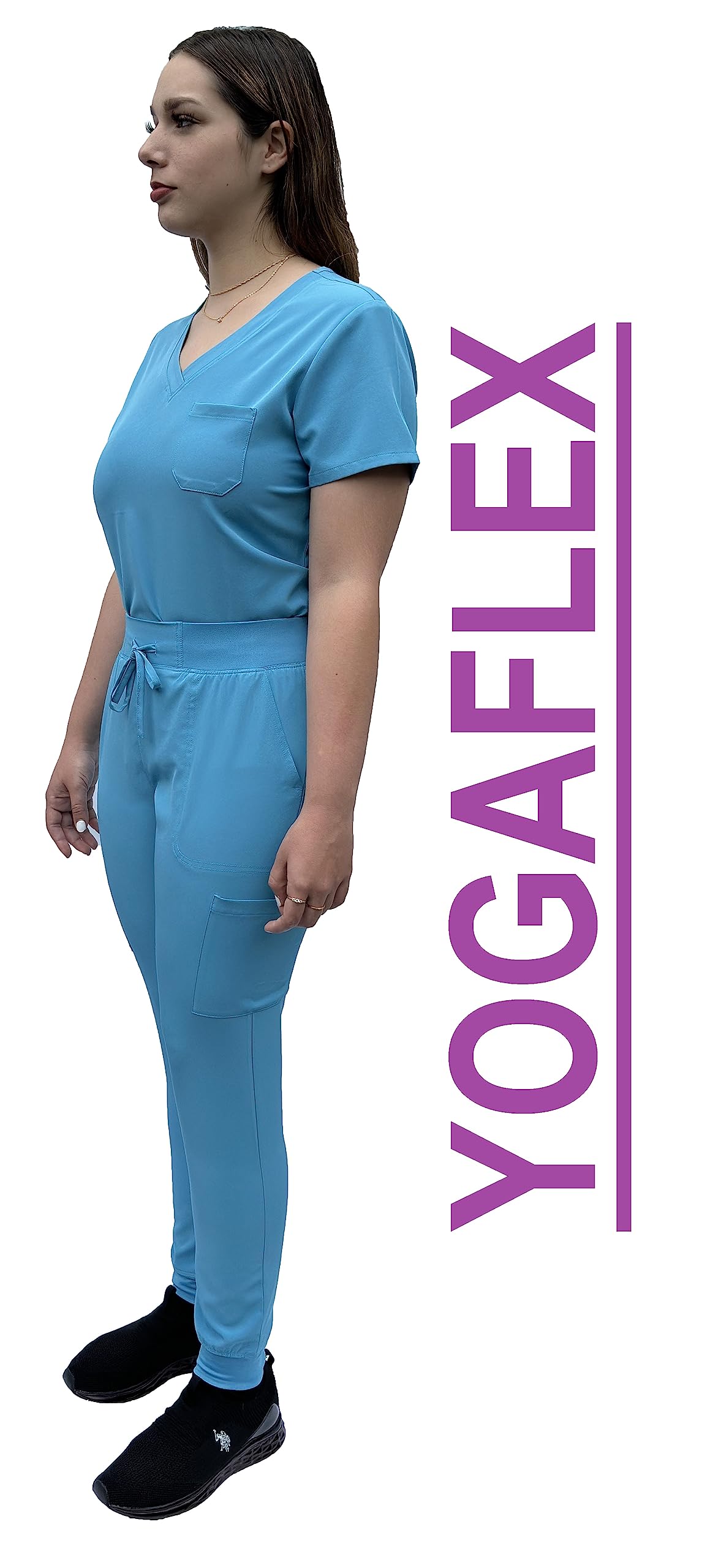 ANGIE UNIFORMS YOGAFLEX Women's Tuck-In Jogger Scrubs Set - Regular & Petite Sizes | 1 Pocket Top with Tapered Leg Joggers | Comfortable Workout & Medical Uniform for Yoga, Nursing & Healthcare Professionals