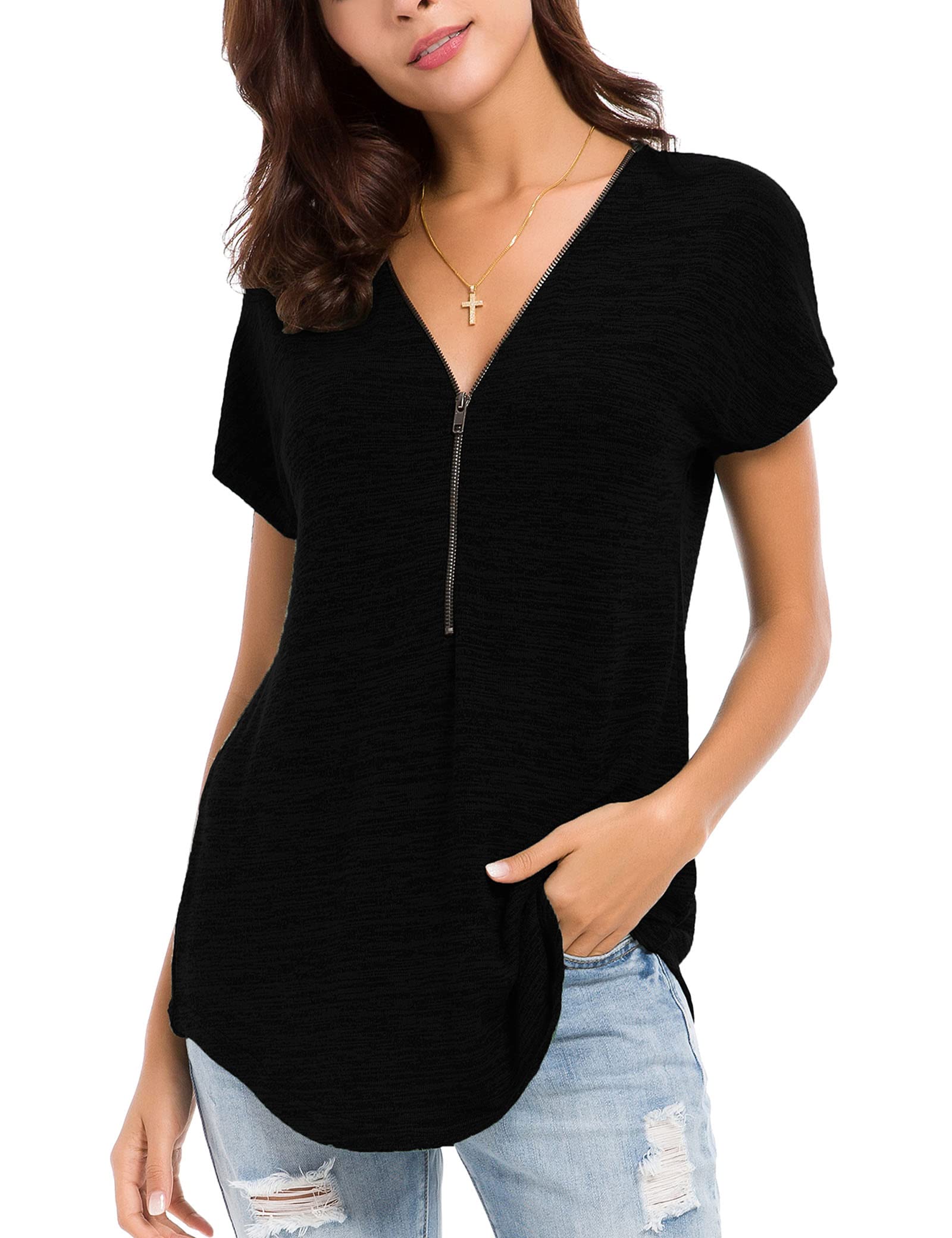 LUSMAY Women's Casual V-Neck Short Sleeve Tunic Top with Zipper Detail - Loose Fit Blouse for Summer, Work, Travel & Everyday Wear