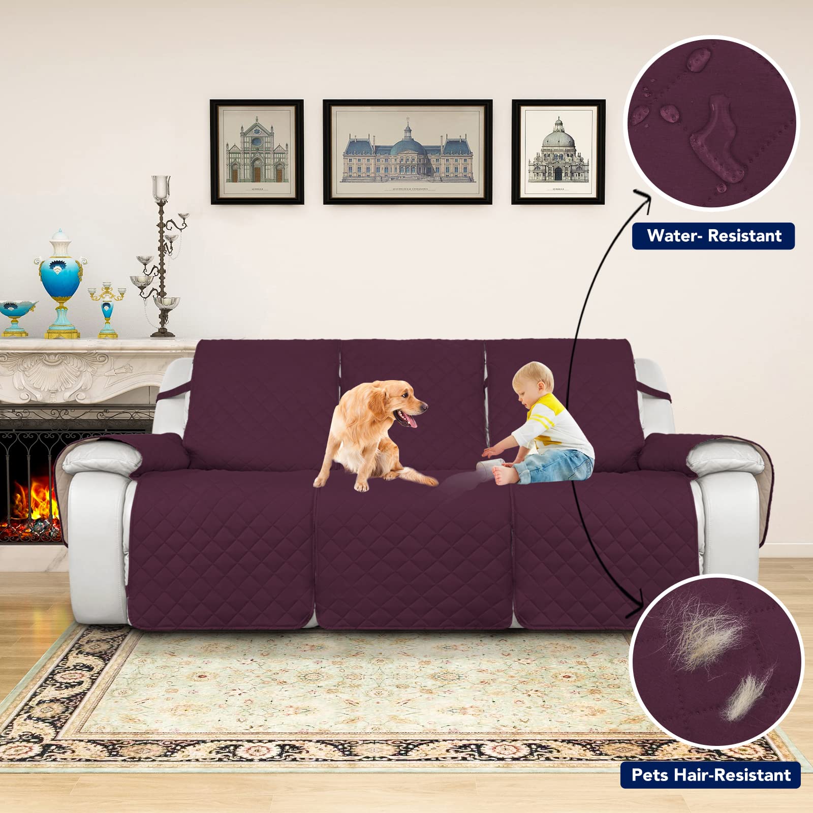 PureFit Waterproof Reversible 3-Seater Reclining Sofa Cover - Non-Slip Split Design for Recliner Couches, Washable Furniture Protector for Pets & Kids (Wine/Beige) | Perfect for Living Room, Family Room & Pet-Friendly Homes