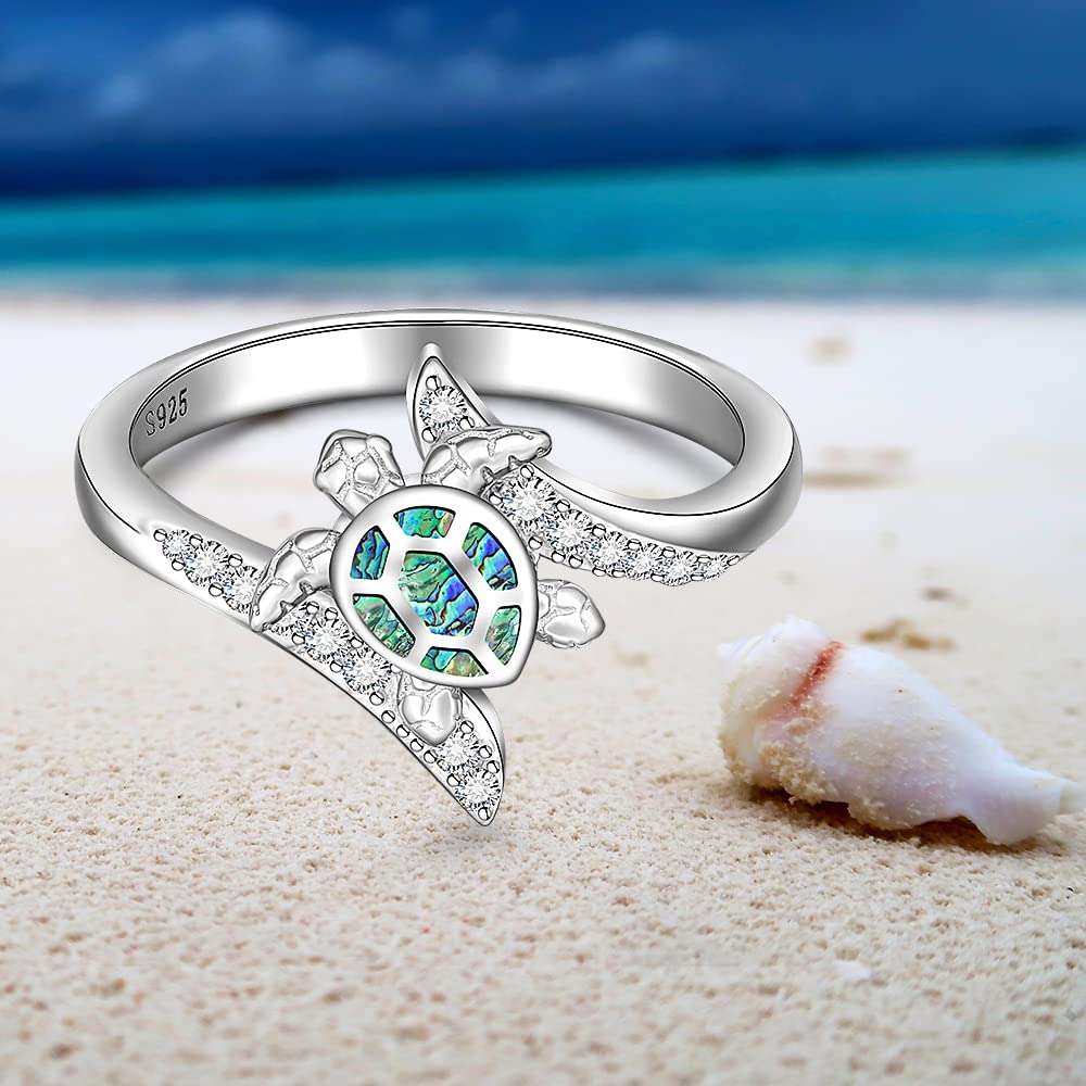 Sterling Silver Sea Turtle Ring with Abalone Shell - Ocean Wave Design for Women, Size 6-10 - Animal Jewelry, Good Luck Gift for Mother's Day & Longevity - Perfect for Beach Vacations, Boho Fashion & Spiritual Healing