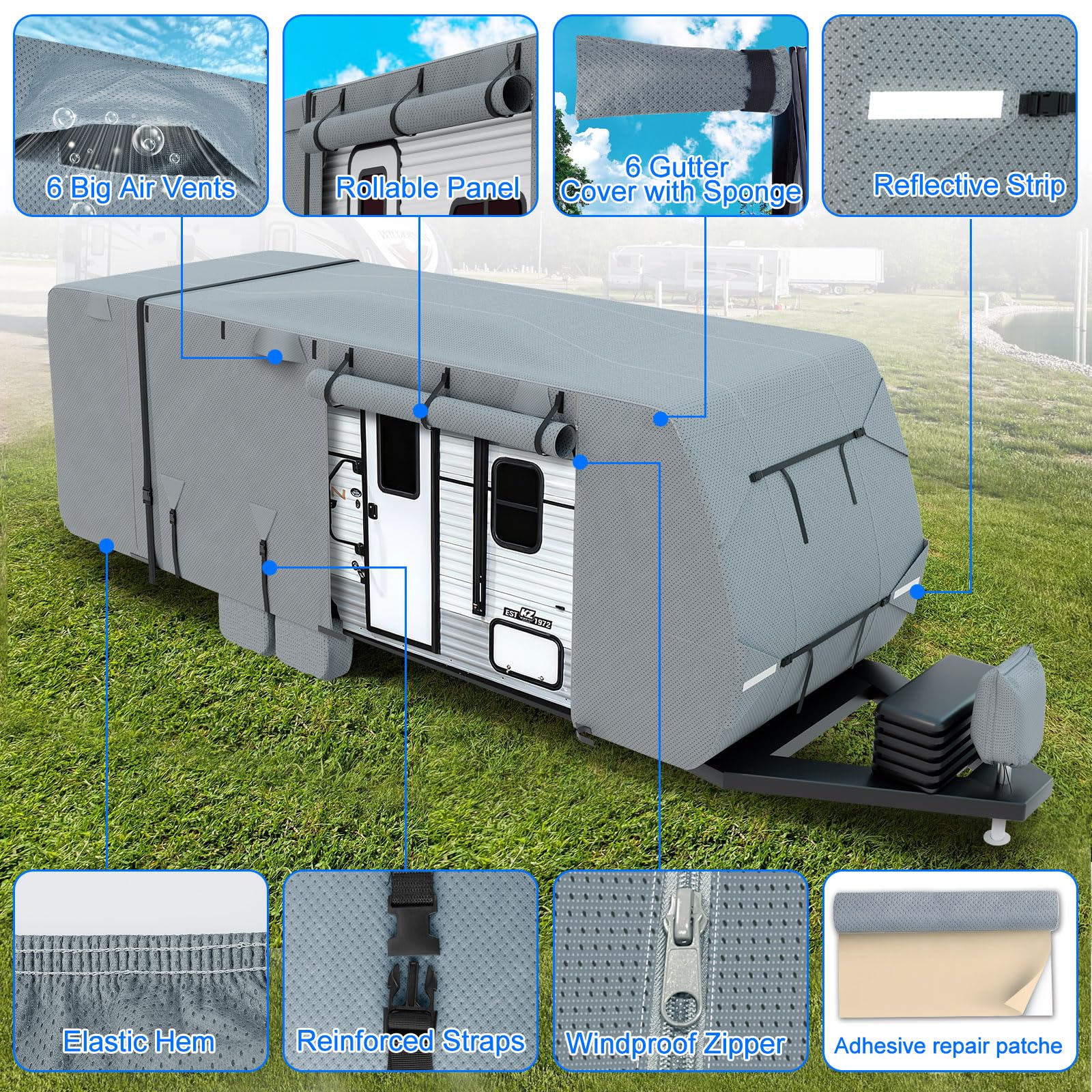14'-16' Heavy Duty RV Cover - 7+3 Layer Windproof, Waterproof, UV-Resistant Camper Trailer Cover for Winter Snow Protection - Includes Adhesive Repair Patches, 2 Extra Straps & 4 Tire Covers - Ideal for Outdoor Storage, Camping & Extreme Weather Protection