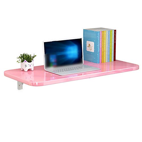 Space Saving Folding Wall Mounted Drop-Leaf Table with Shelves - Floating Cafe Dining Table for Home Office, Living Room & Bedroom - Wooden Hanging Computer Desk & Bookshelf Bar Table - Pink (110x60cm/43x24in) - Perfect for Small Apartments, Coffee Shops & Workspaces