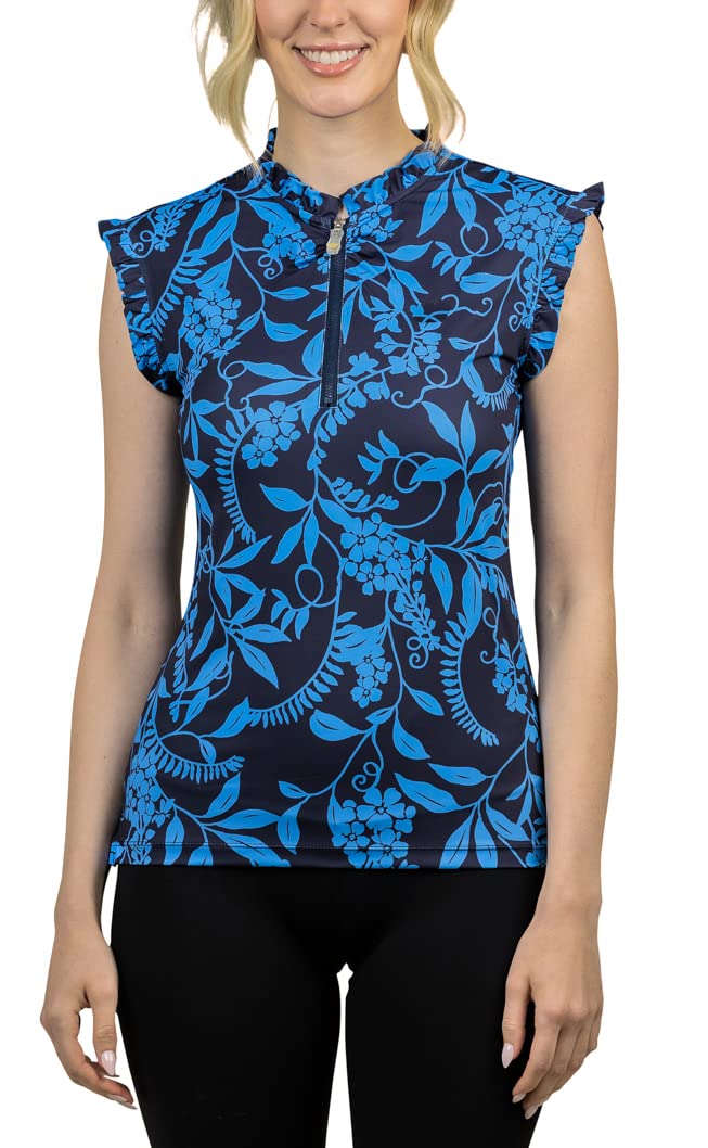 Kastel Denmark Women's UPF 30+ Sun Protective Ruffle Tank Top - 1/4 Zip Mock Neck Activewear for Hiking, Yoga & Beach Cover-Up