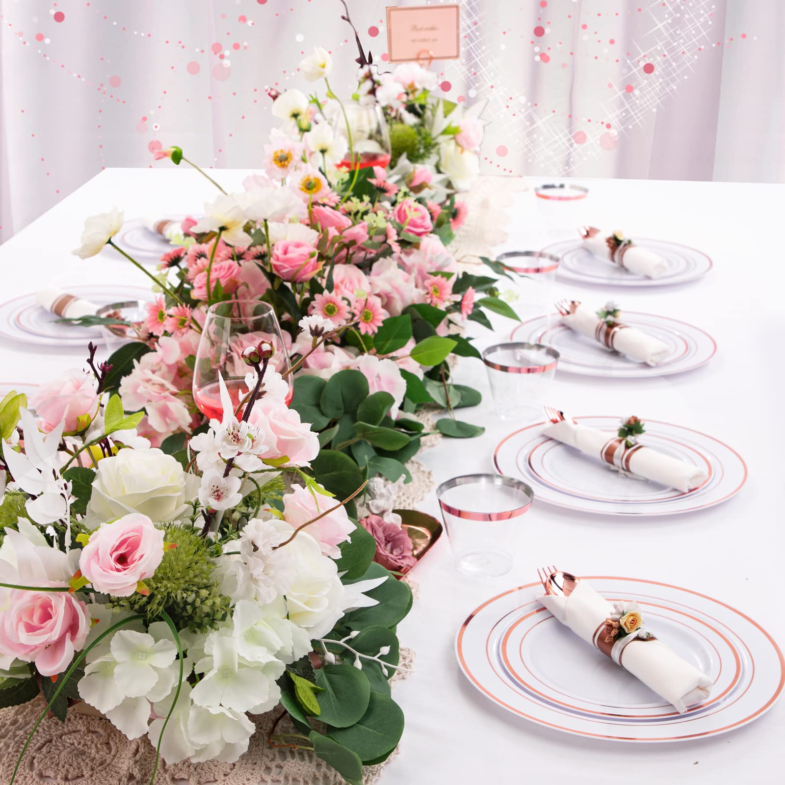 WELLIFE 350-Piece Rose Gold Plastic Party Tableware Set - 100 Disposable Plates, 150 Silverware, 50 Napkins & 50 Cups for 50 Guests | Elegant Dinnerware for Weddings, Birthdays, Baby Showers & Special Events