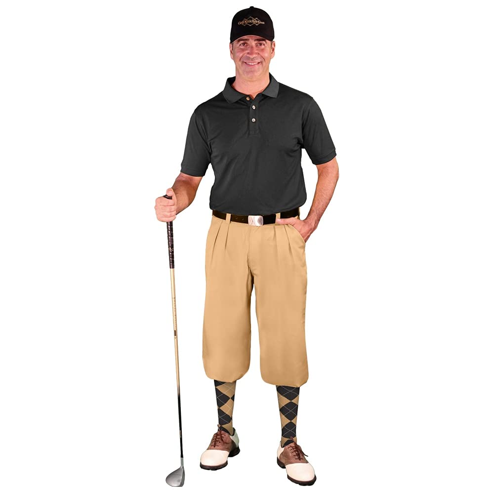 Men's Khaki Microfiber Outfit Set - Limited Edition Ball Cap, Over-The-Calf Argyle Socks & Black Golf Shirt | Casual Wear, Golfing & Outdoor Activities