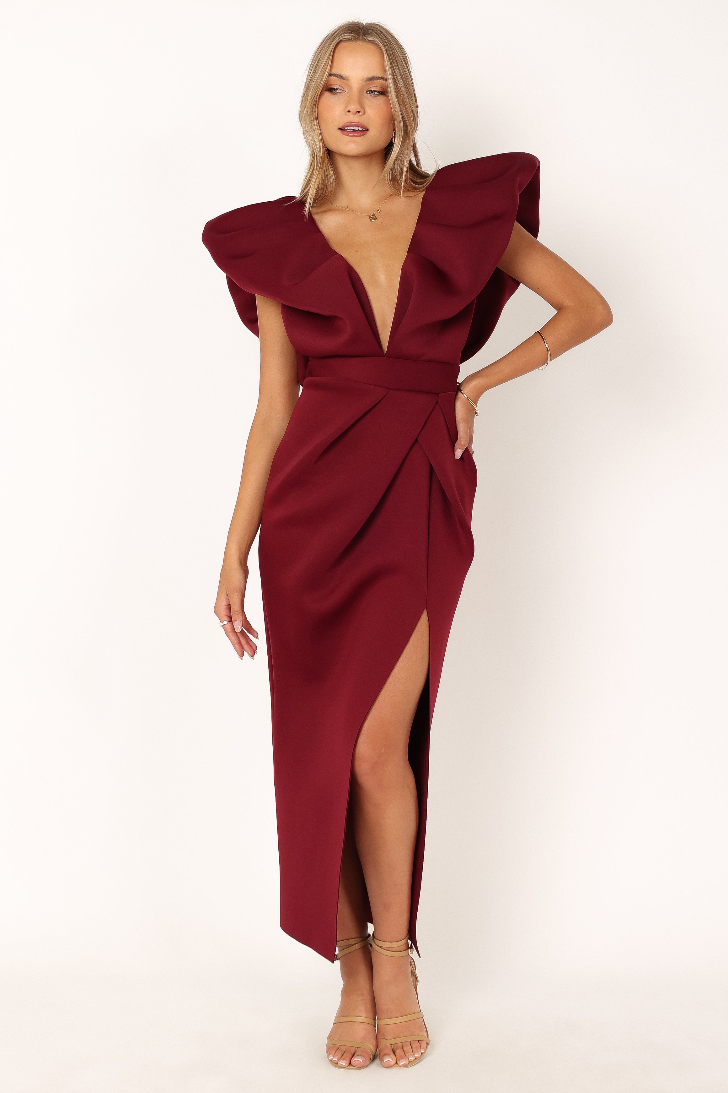 Elegant Augie Frill Shoulder Maxi Dress in Burgundy - Perfect for Weddings, Parties & Special Occasions
