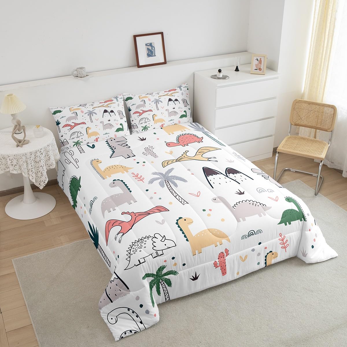 Feelyou Dinosaur Comforter Set - Queen Size Kids Bedding with Cartoon Dinos & Jungle Animals - Soft Duvet Cover for Boys & Girls Nursery Decor - Perfect for Kids' Rooms, Birthday Gifts & Dinosaur Themed Bedrooms