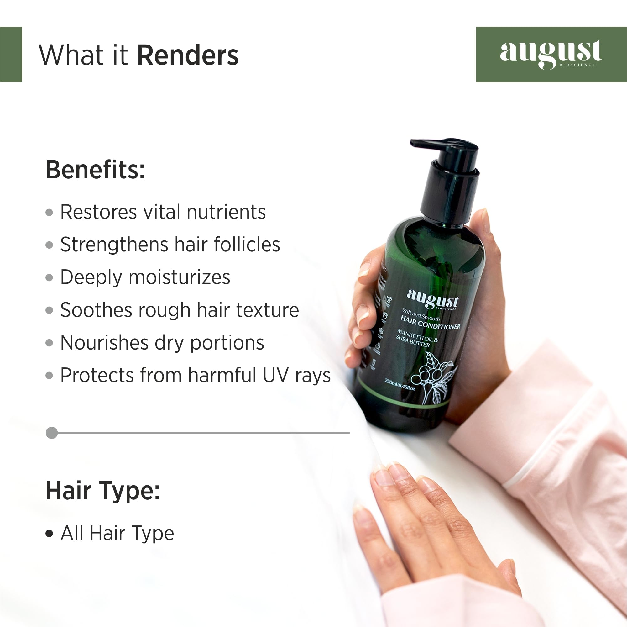 August Bioscience Hair Conditioner with Manketti Seed Oil & Shea Butter - Nourishing & Strengthening Treatment for Soft, Smooth Hair - Paraben & Silicone Free (250ml) - Perfect for Daily Hair Care & Damaged Hair Repair