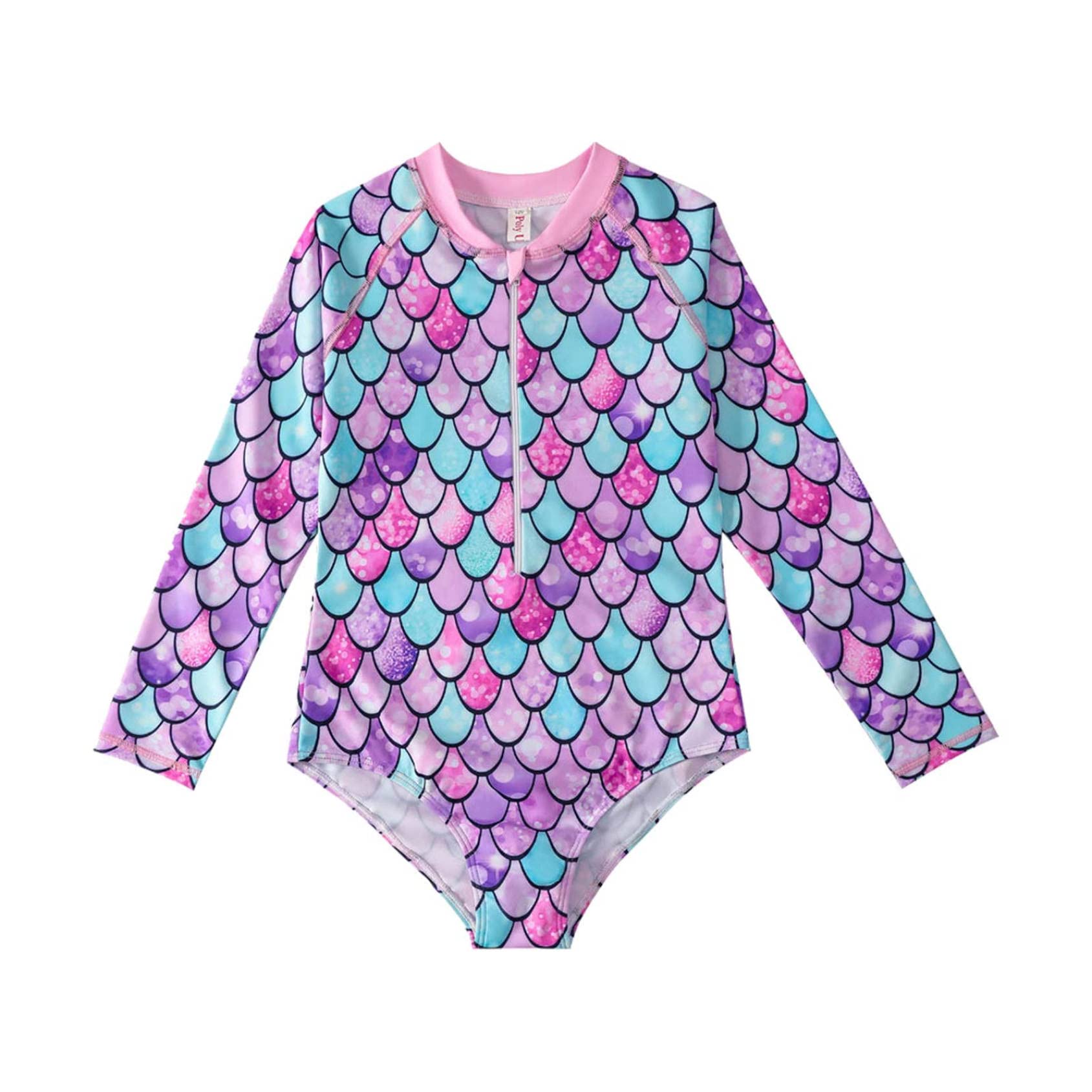 Girls Long Sleeve One Piece Swimsuit - Mermaid Scale Print UV Protection Bathing Suit for Kids | Beach, Pool & Summer Water Activities