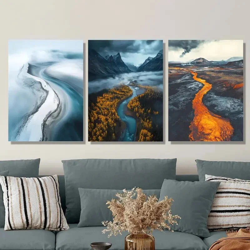3-Piece Aerial Glacier River Landscape Metal Wall Art Prints - Ready to Hang Home & Office Decor - Perfect for Living Room, Bedroom, or Office Wall Decor