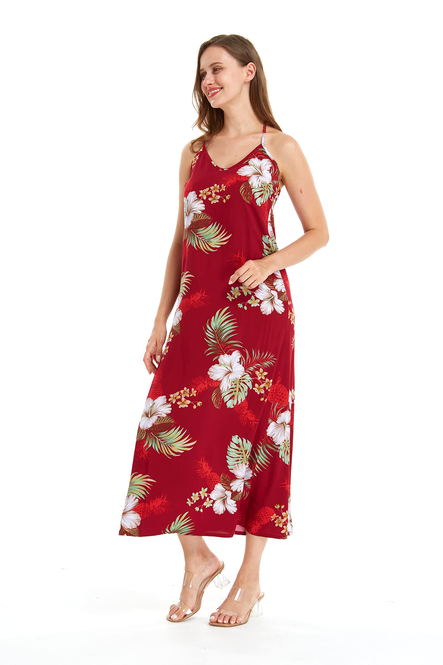 Women's Hawaiian Luau Pineapple Print Maxi Dress with Sweetheart Neckline - Navy Blue Tropical Summer Beach Party Outfit for Vacation & Poolside Gatherings
