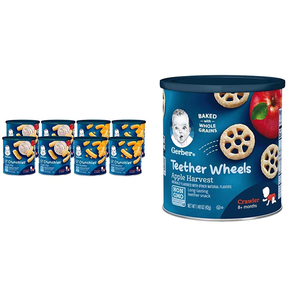Gerber Baby Snacks Value Pack - Lil Crunchies Mild Cheddar & Veggie Dip (8 Packs) + Teether Wheels Apple Harvest (6 Packs) | Healthy Toddler Snacks for On-the-Go, Daycare & Travel