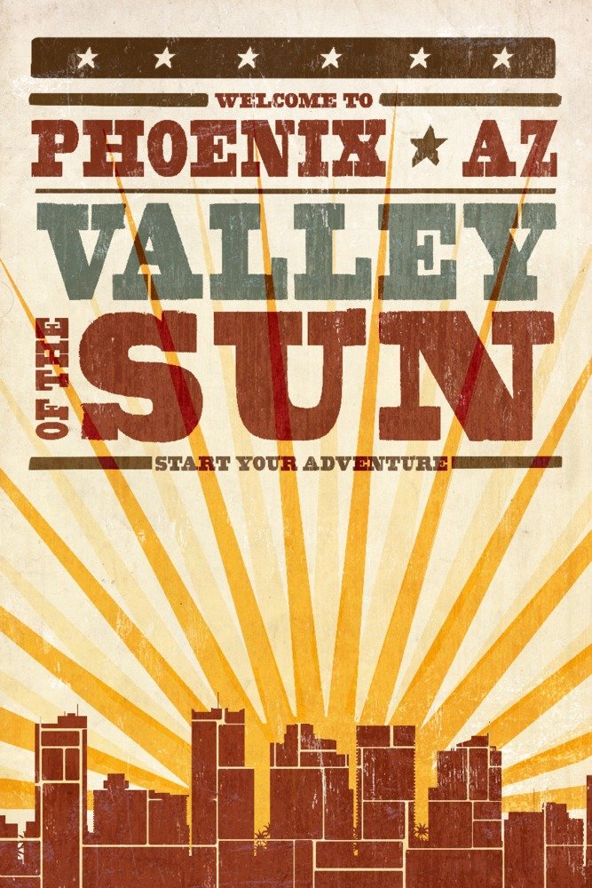 Phoenix Arizona Skyline Wall Art Poster - 12x18 Sunburst Screenprint Style Decor for Living Room, Bedroom & Office