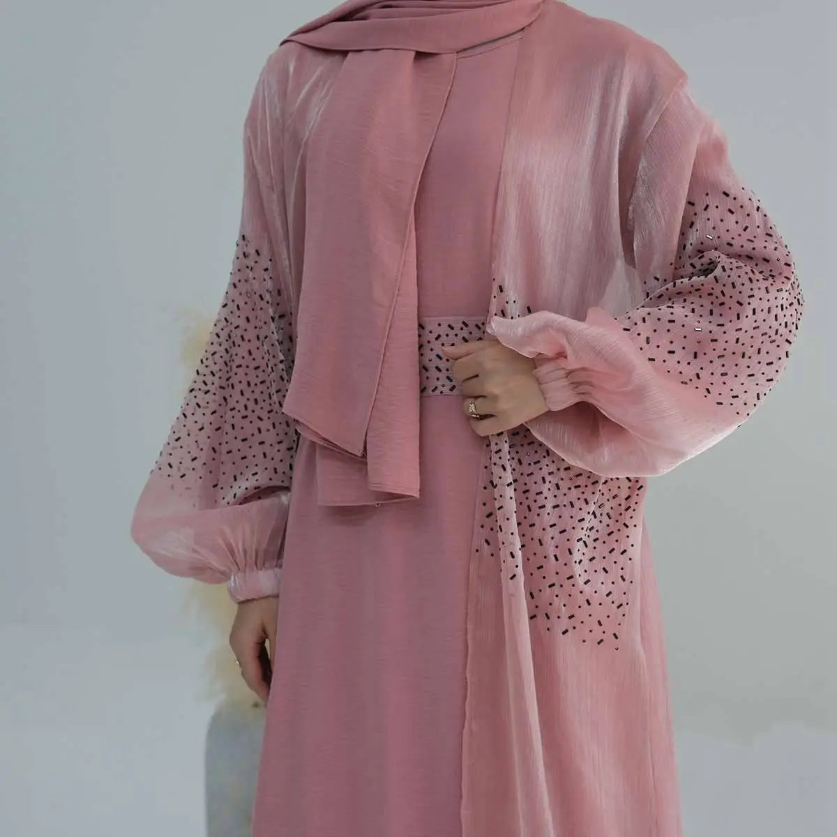 2 Piece Set Bright Wrinkle Puff Sleeve Open Abaya Dress - Elegant Muslim Women's Prayer Dress for Mosque, Eid & Special Occasions