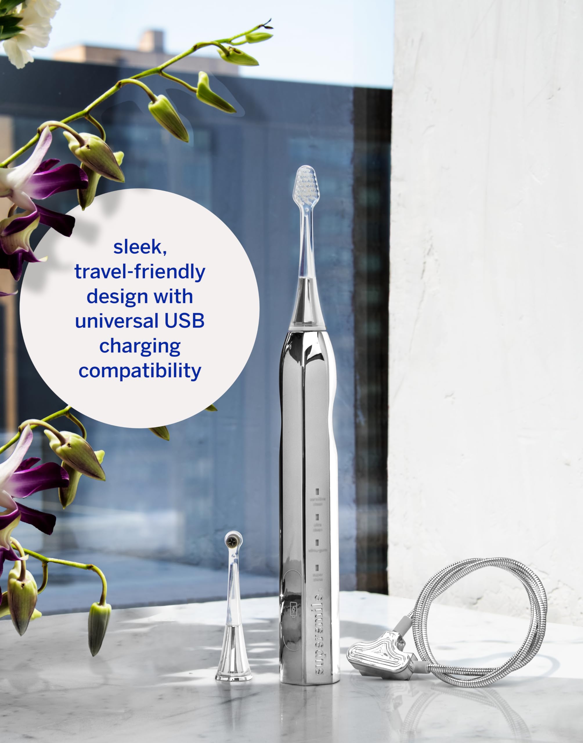 Supersmile Zina45 Deluxe Sonic Pulse Electric Toothbrush - Rechargeable Teeth Whitening Toothbrush with 45,000 VPM, Silver | Perfect for Travel & Daily Oral Care Routine