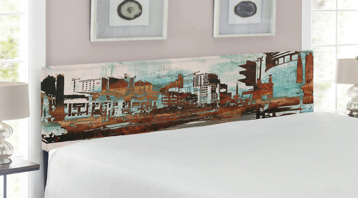 Ambesonne Grunge Headboard - Urban Cityscape Contemporary Abstract Acrylic Paint Style King Size Bed Frame with Memory Foam in Seafoam Brown White | Modern Upholstered Decorative Metal Headboard for Bedroom Decor