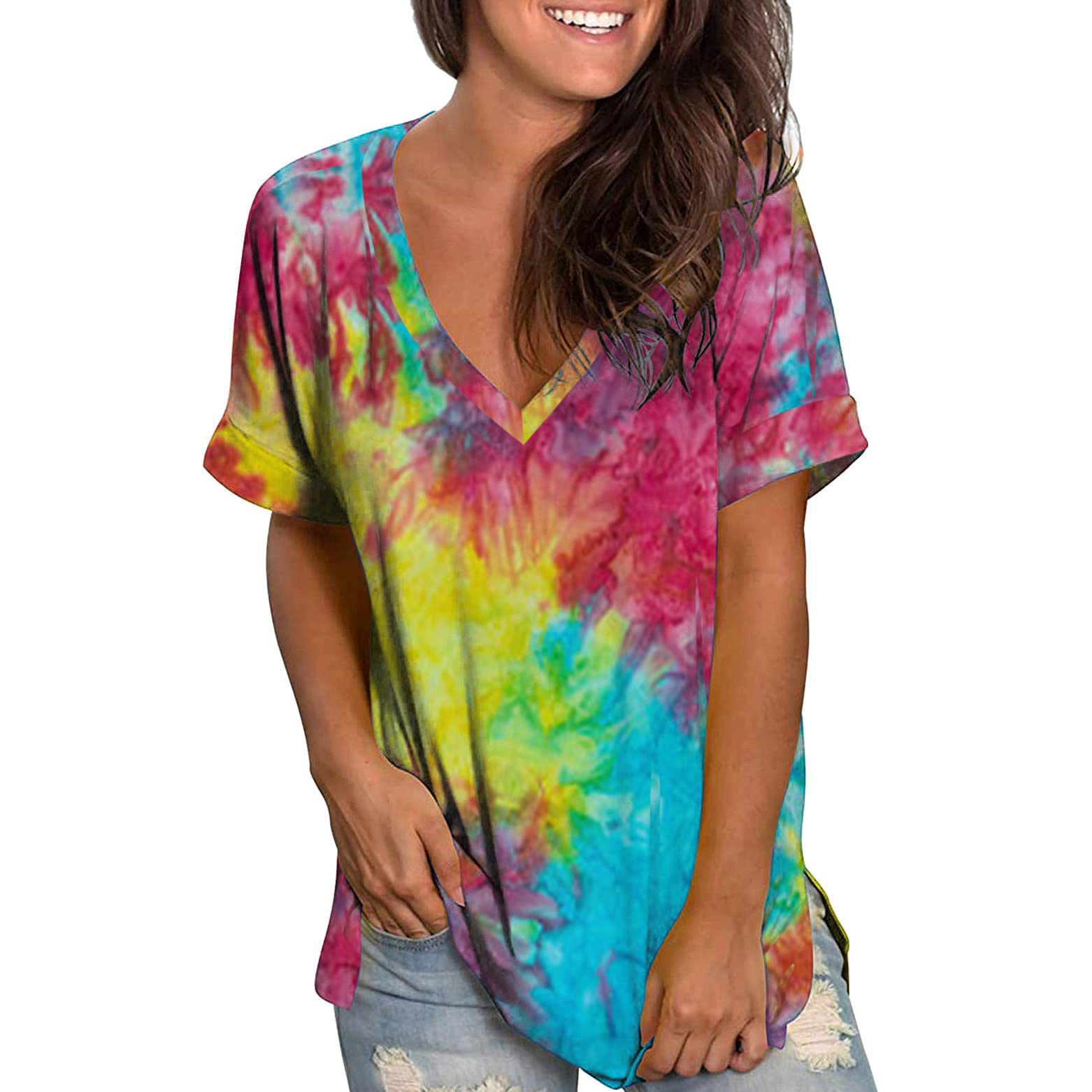 FMCHICO Women's Short Sleeve V-Neck Tie Dye T-Shirts - Loose Fit Summer Tees for Casual Wear, Beach Outings & Everyday Comfort