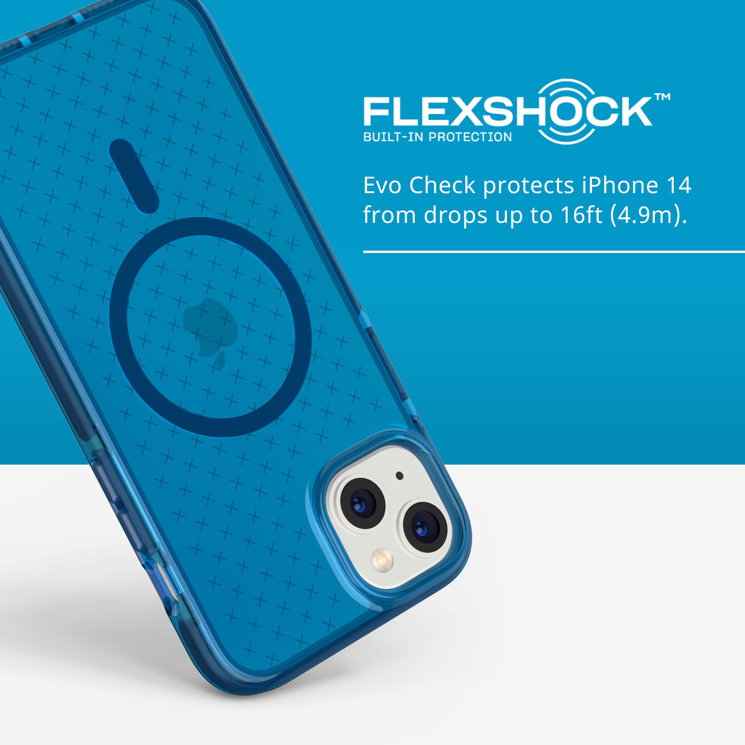 Tech21 Evo Check iPhone 14 Plus Case with MagSafe® Compatibility - Slim Shock-Absorbing Protective Cover | 16ft Drop Protection & Enhanced Buttons (Classic Blue) | Perfect for Daily Use, Travel & Outdoor Activities