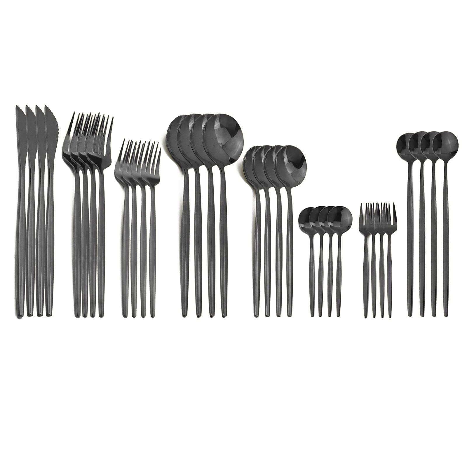 JASHII 32-Piece Stainless Steel Flatware Set - Silverware Cutlery Set for 4 with Cake Fork & Long Handle Spoon - Elegant Tableware for Dining, Dishwasher Safe (Shiny Black) - Perfect for Dinner Parties, Weddings & Everyday Use