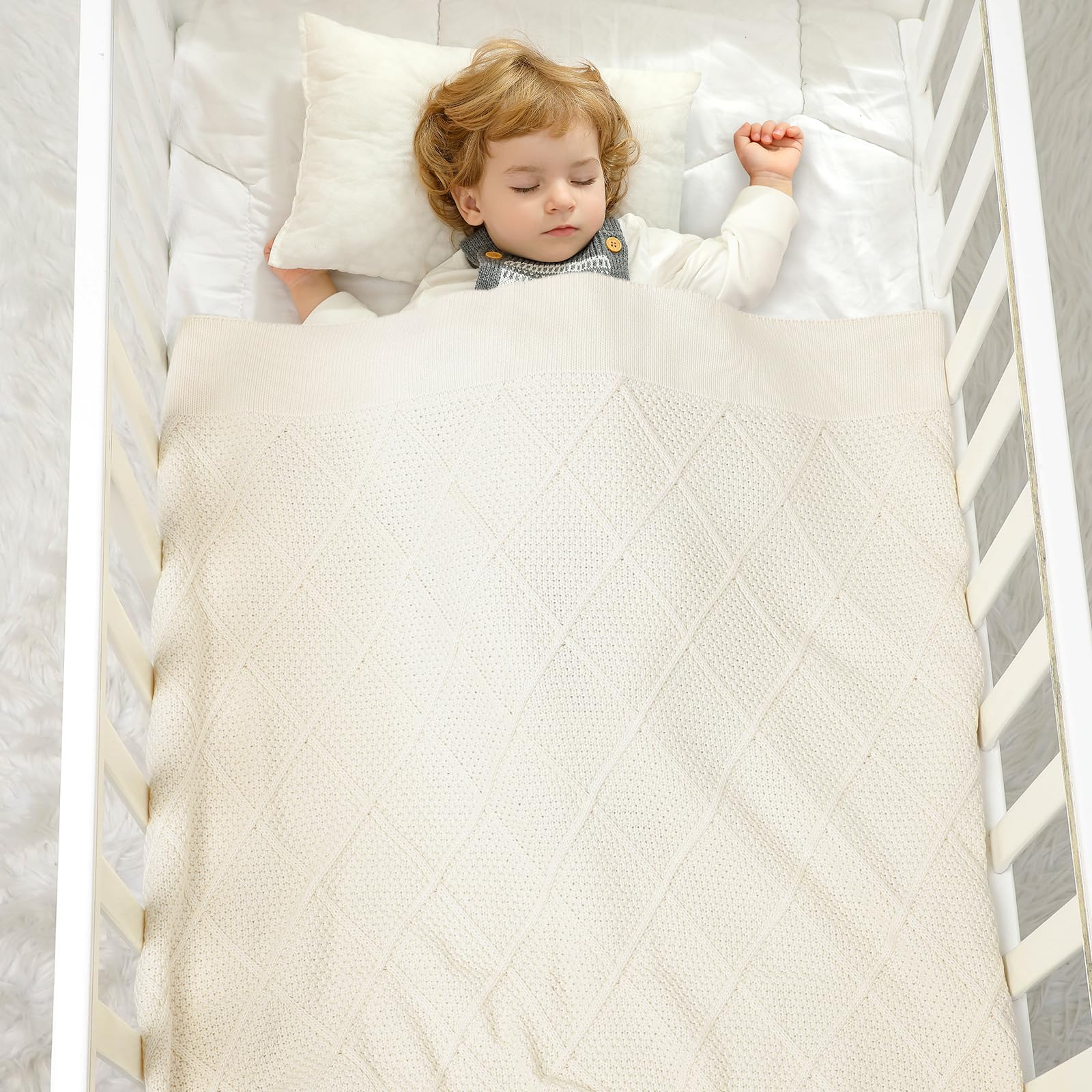 Hadetoto Knit Baby Blanket - Ultra Soft Cotton Swaddle Blanket for Newborns, Infants & Toddlers - Breathable Crib, Stroller & Nursing Blanket for Boys & Girls - Perfect for Swaddling, Playtime & Travel