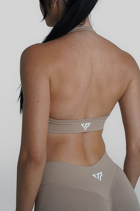 RECOIL HALTER CROP TOP - LATTE COLOR - Women's Fashion Workout & Yoga Top for Gym, Running, and Casual Wear
