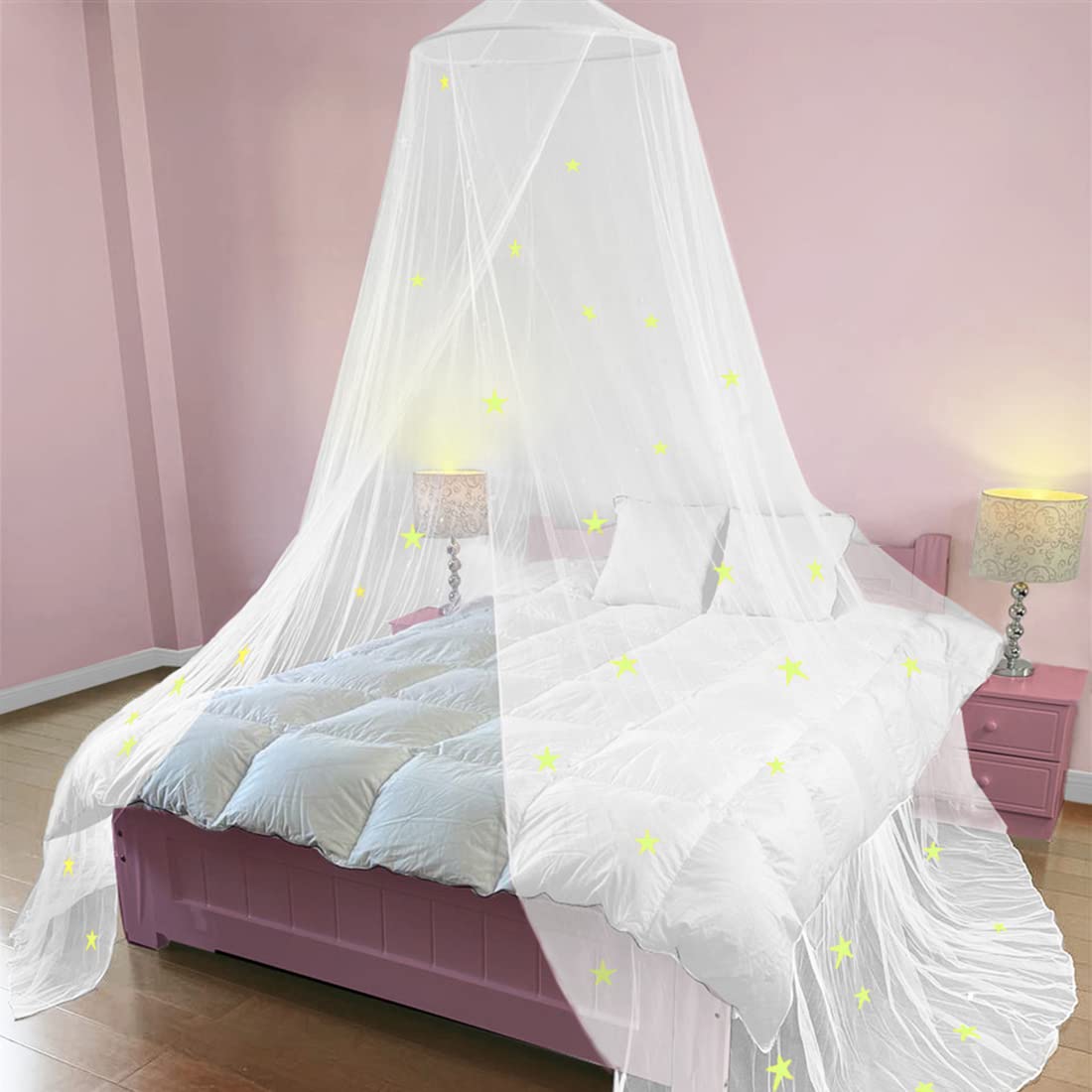 BCBYou Glow in the Dark Mosquito Net Bed Canopy with Fluorescent Stars - Baby, Kids & Adult Bed Tent for Cribs, Twin & Full Size Beds (White) - Perfect for Nursery, Kids' Room & Outdoor Camping Protection