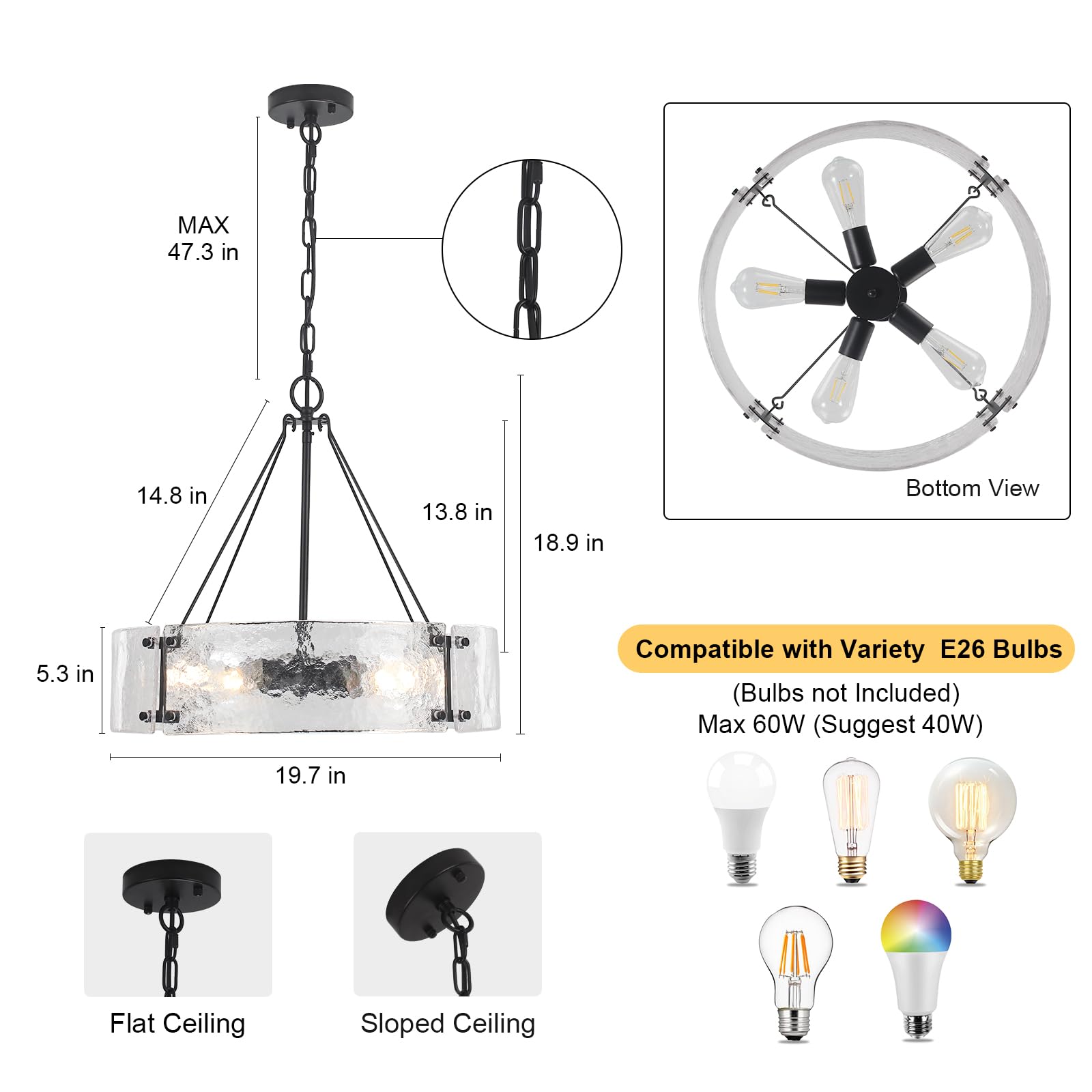 5-Light Black Glass Drum Chandelier - 19.68