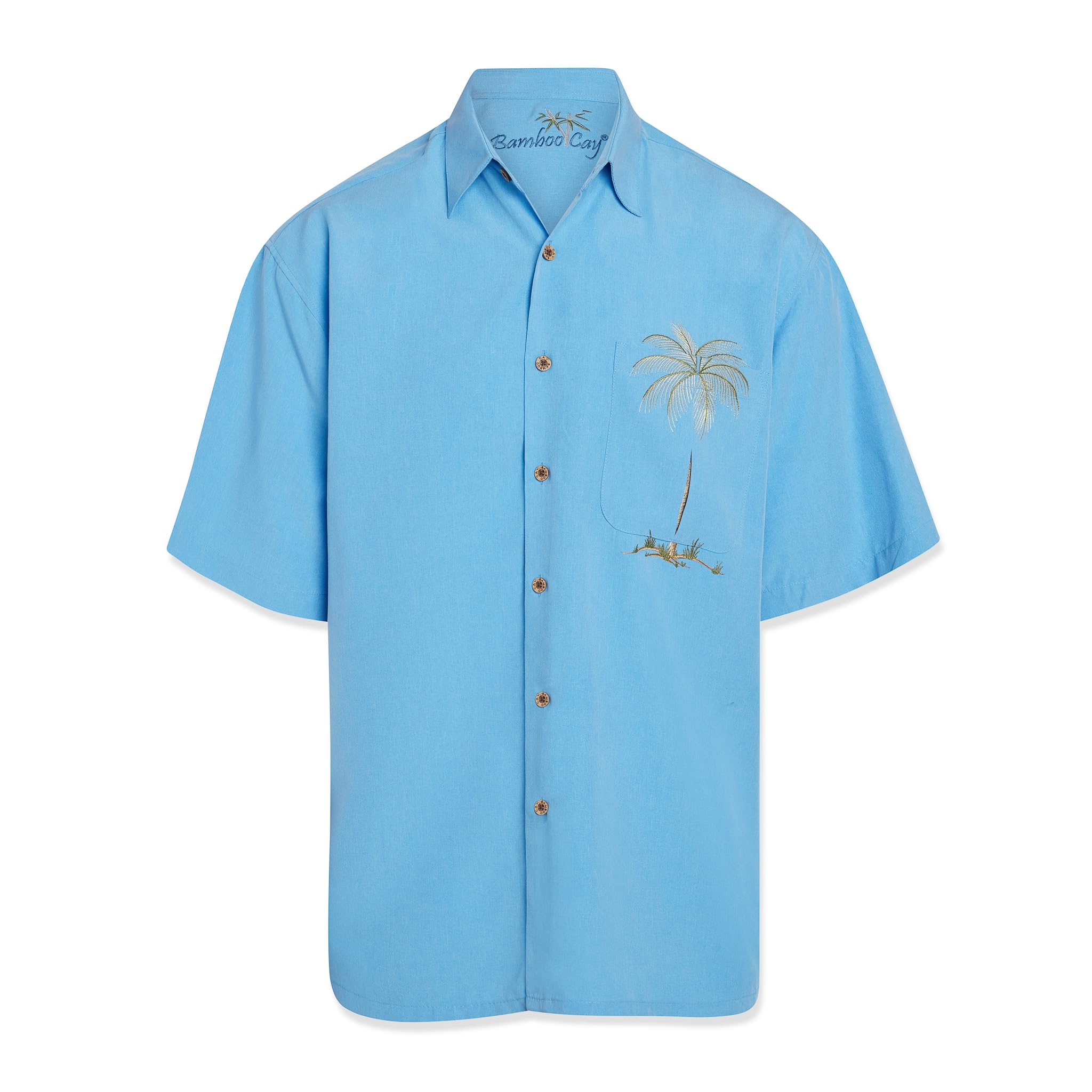 Bamboo Cay Men's Short Sleeve Casual Embroidered Palm Print Woven Shirt - Breathable Summer Beachwear for Tropical Vacations & Outdoor Activities
