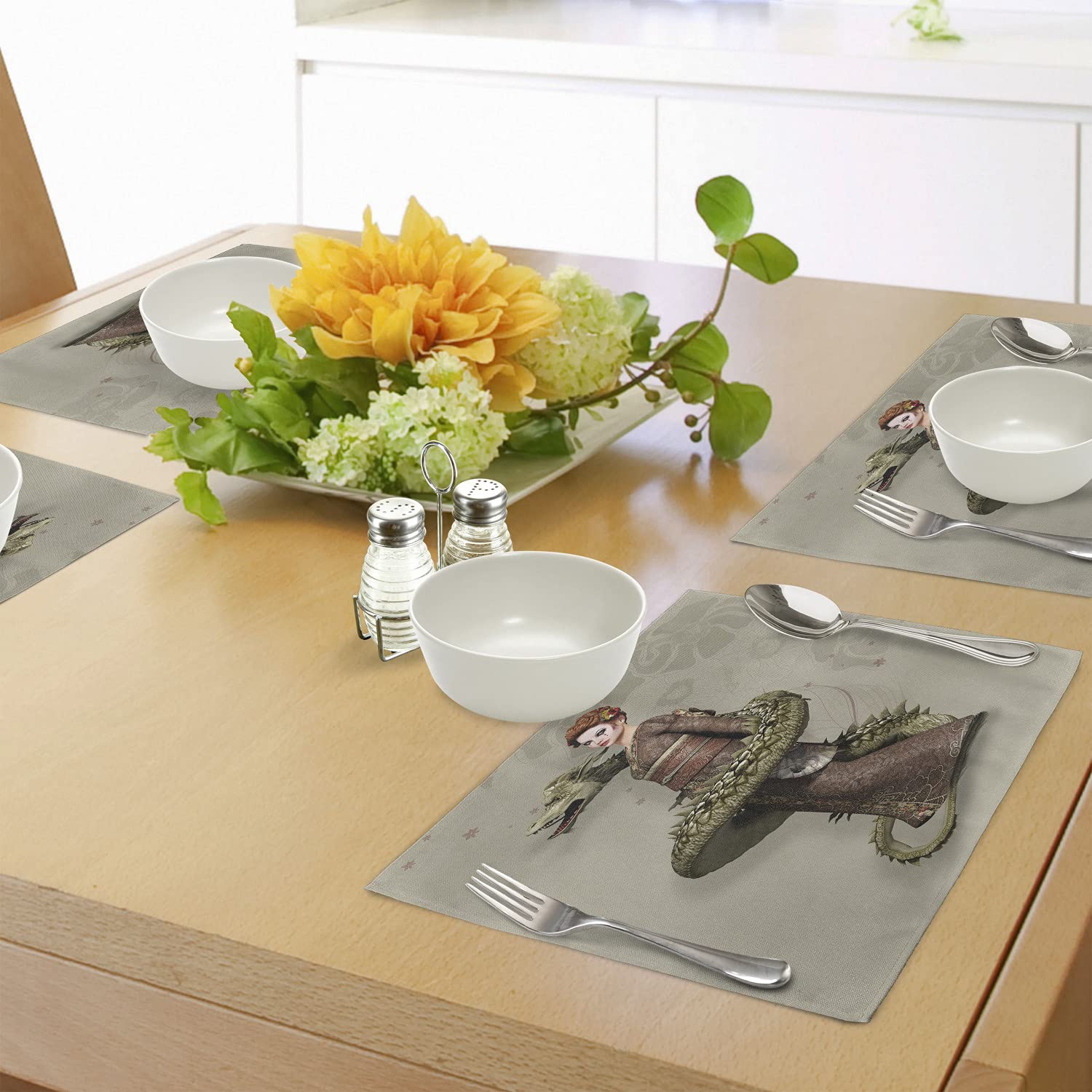 Ambesonne Fantasy Place Mats Set of 4 - Japanese Geisha with Dragon Design, Washable Fabric Table Mats for Dining Room & Kitchen Decor in Eggshell, Olive Green & Brown | Perfect for Asian-Themed Dinners & Home Decor