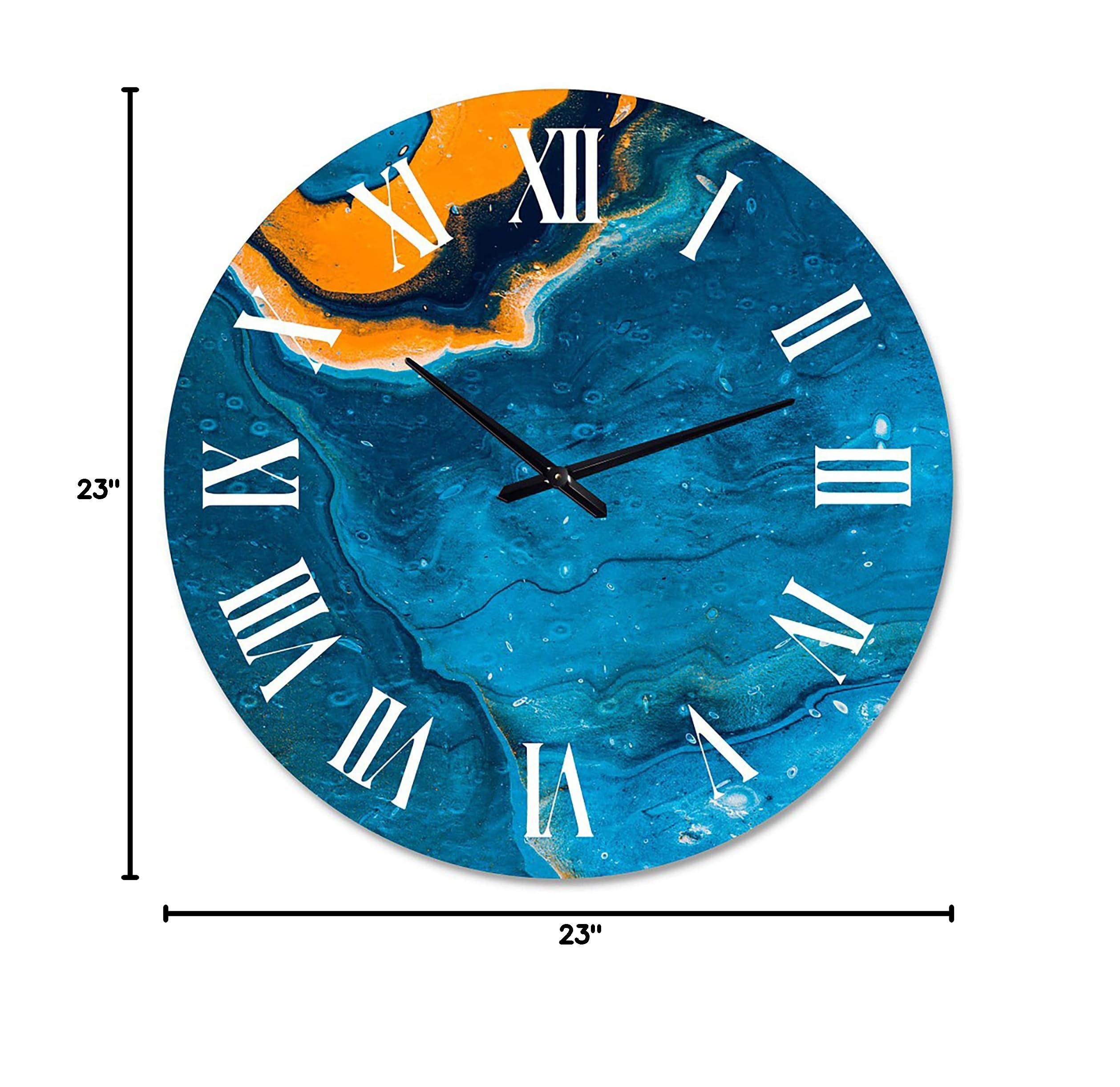 Abstract Marble Wall Clock - Modern Blue & Orange Large Fractal Design for Bedroom Decor | Silent Non-Ticking Living Room & Office Wall Art